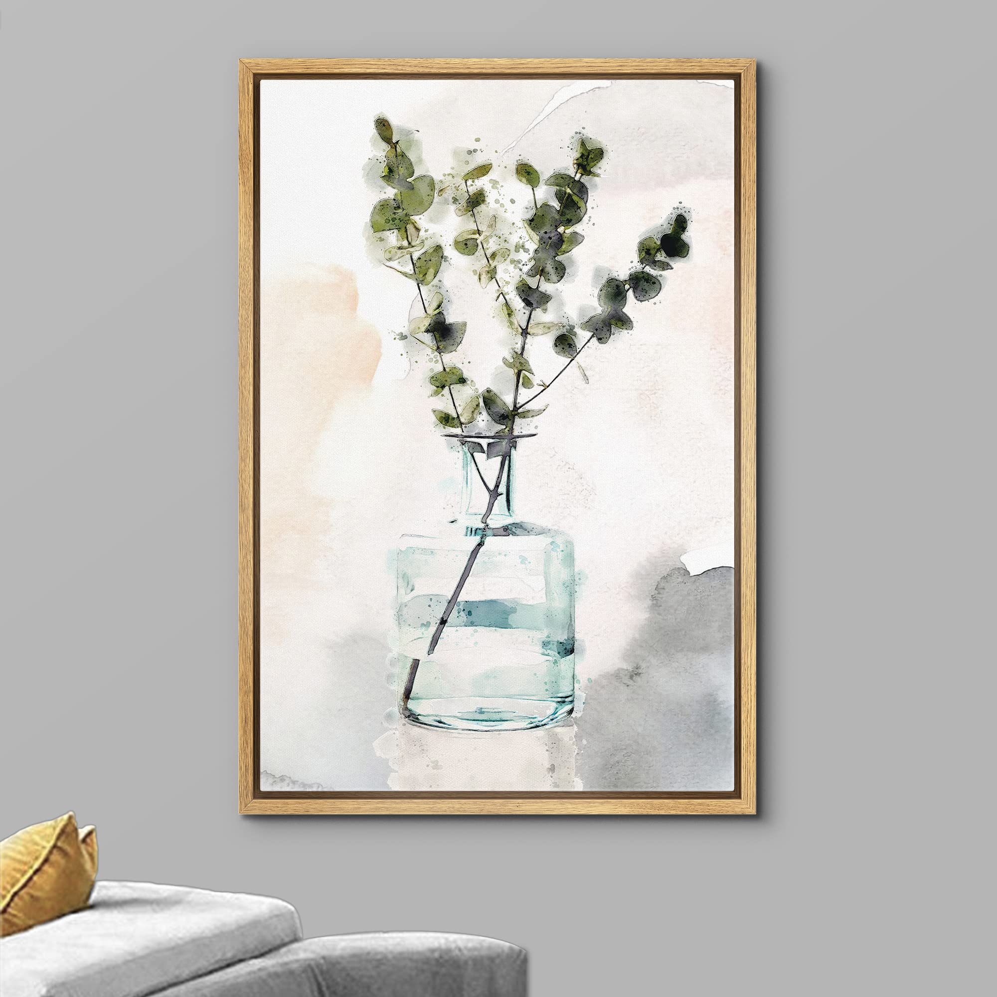 Wall26 Framed Canvas Print Wall Art Dark Green Watercolor Eucalyptus Stem In Glass Vase Floral Botanical Illustrations Modern Ar