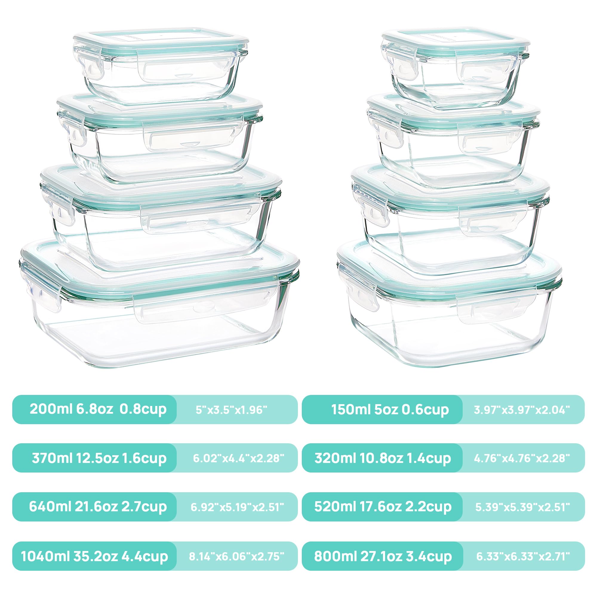 Vtopmart 8 Pack Glass Food Storage Containers , Meal Prep , Airtight Bento Boxes With Leak Proof Locking Lids, For Microwave, Ov