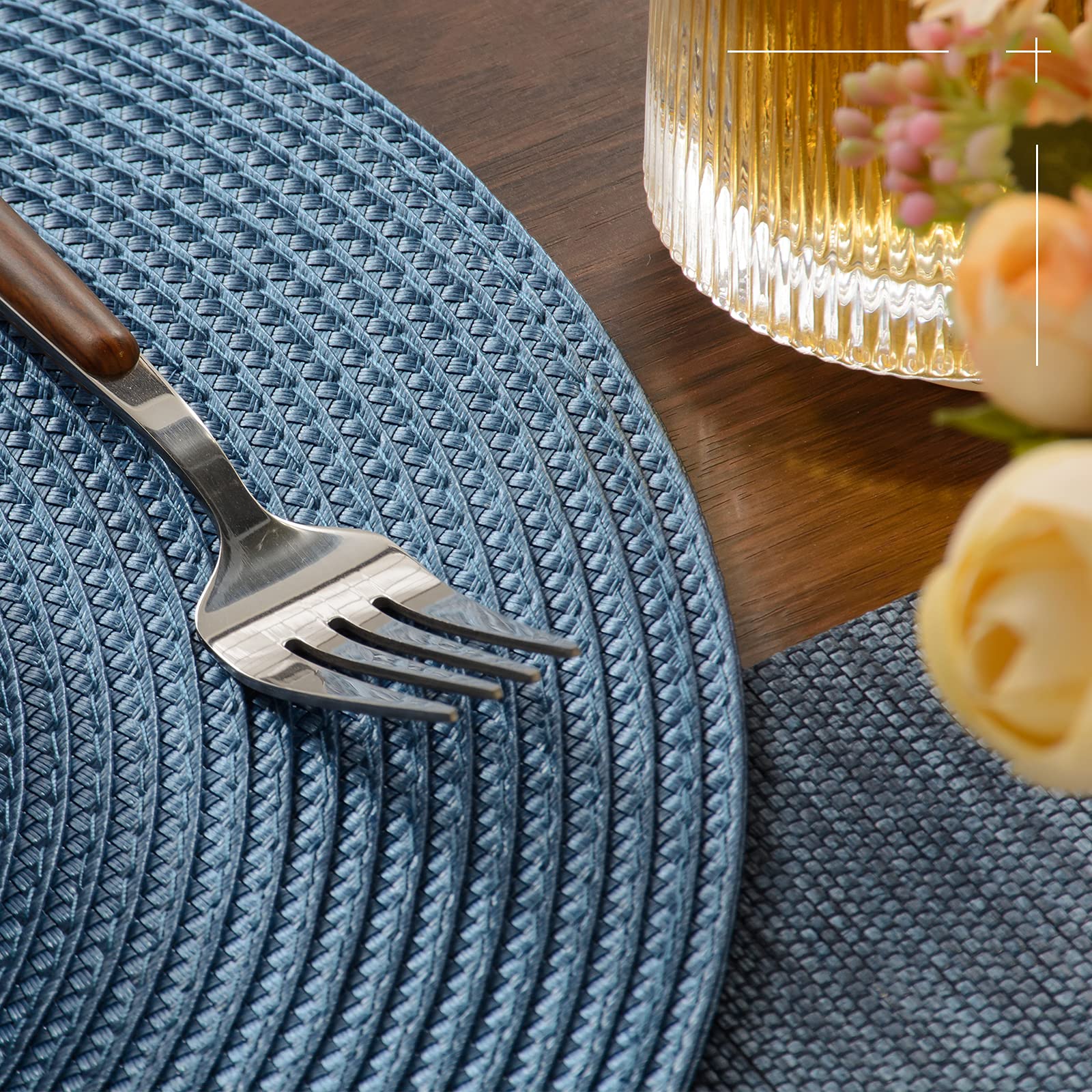 FunWheat Round Braided Placemats Set of 6, Washable Non-Slip Table Mats, 15 inch, Blue