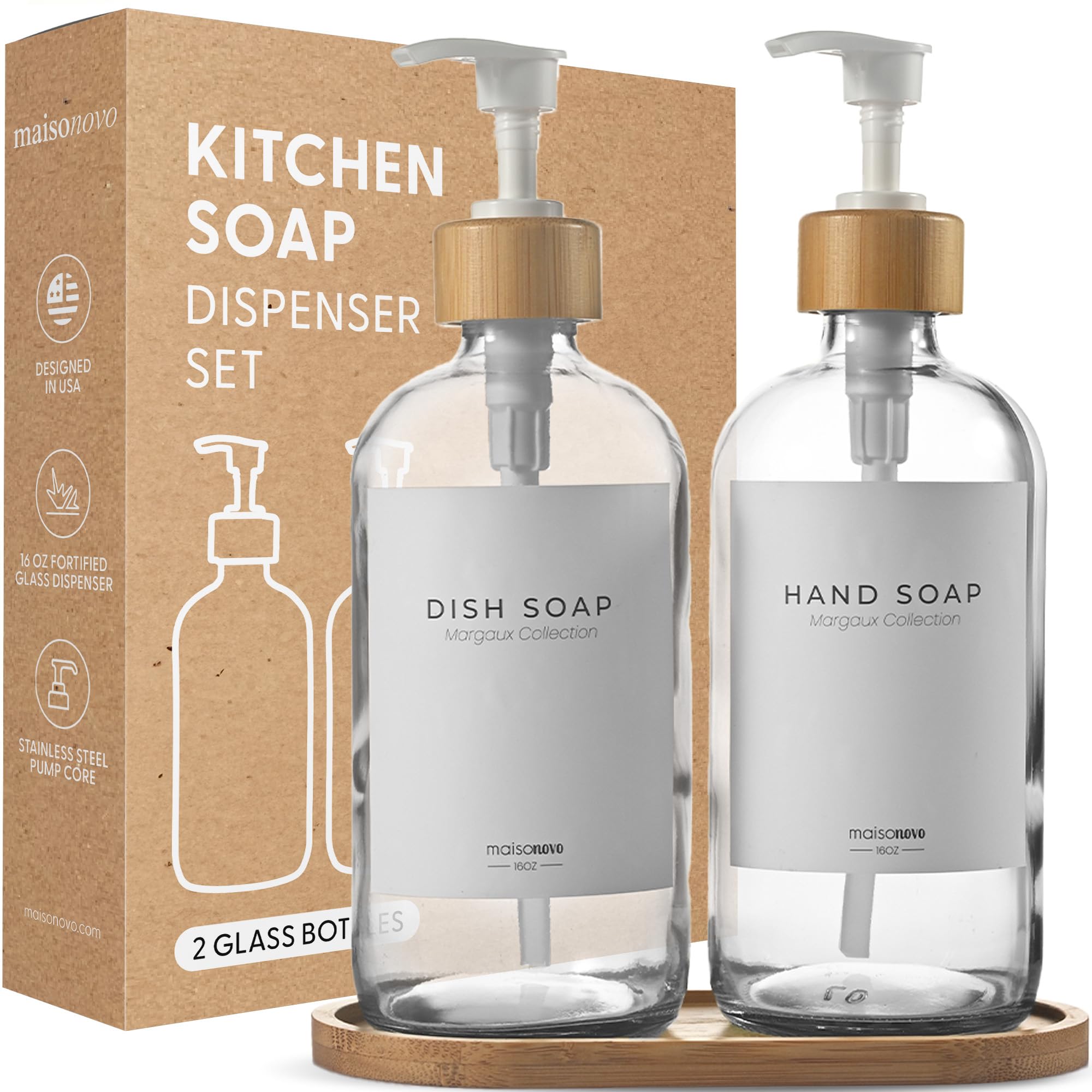 Maisonovo Kitchen Soap Dispenser Set - Glass Soap Dispenser With Pump - Clear Bamboo White Pump 16.9 Fl Oz - Bathroom Soap Dispe