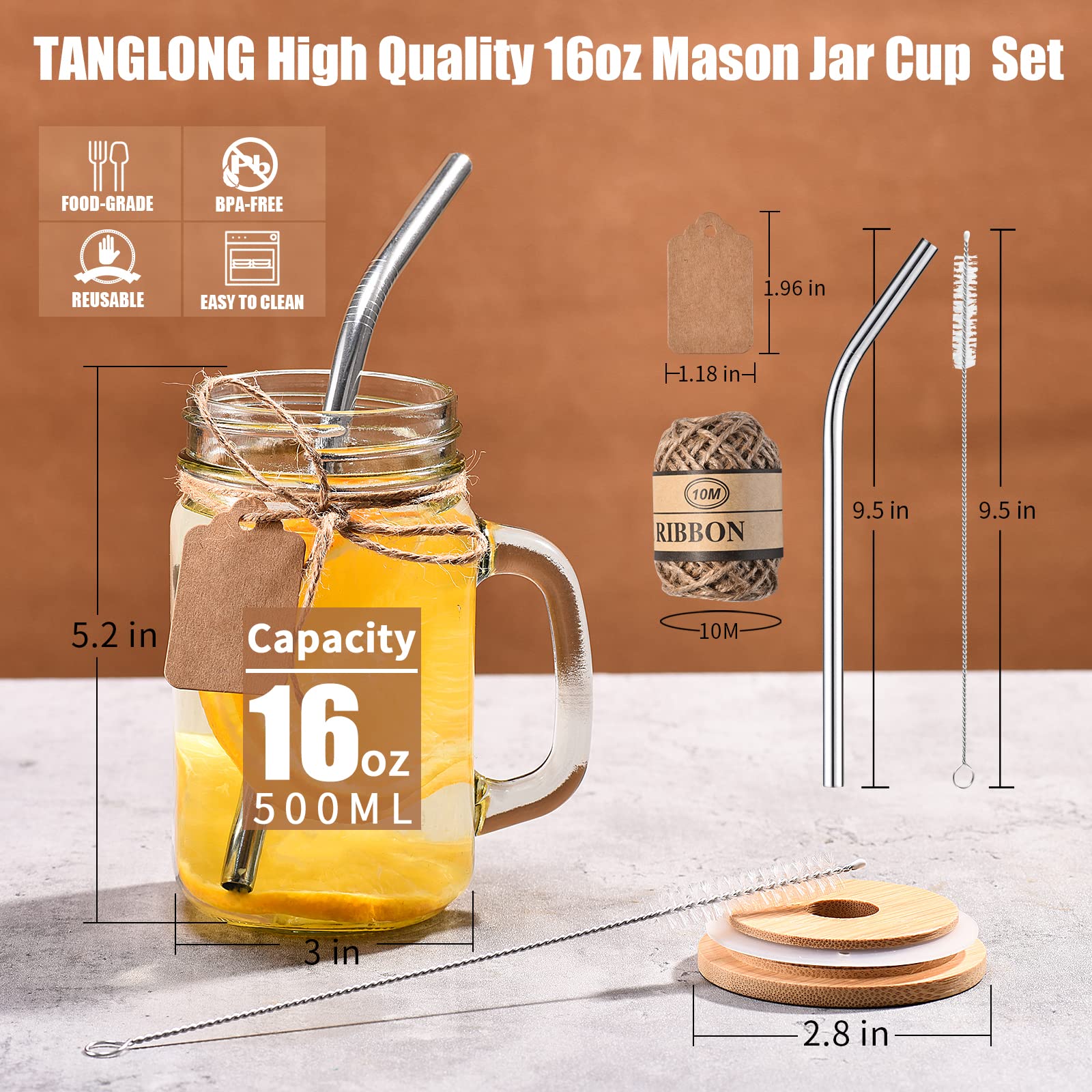 TANGLONG 16 oz Mason Jars with Handle, Glass Drinking Cups Set of 12, Clear, with Lids and Straws