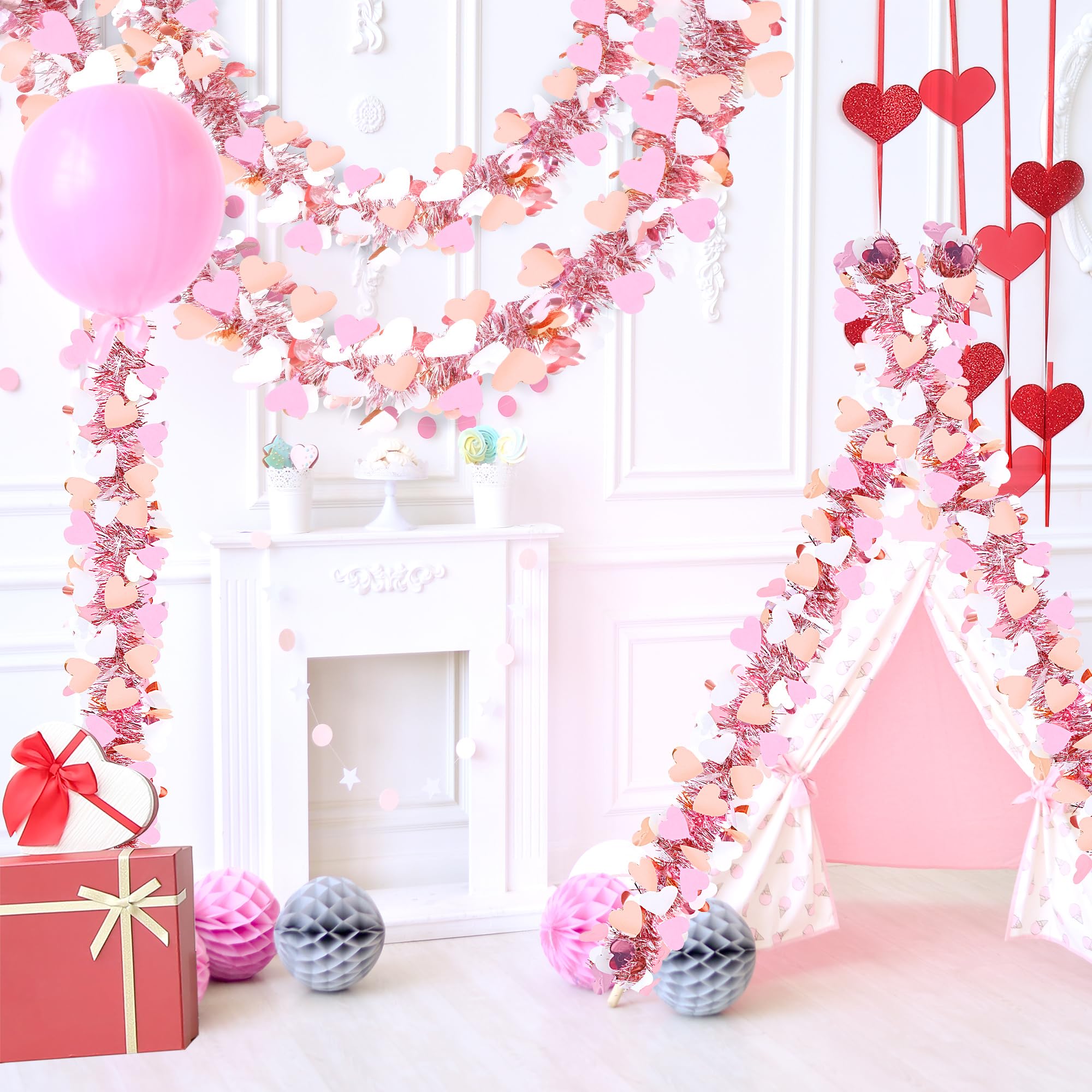 Sggvecsy 49.2Ft Valentines Day Heart Tinsel Garland Pink White Metallic Twist Garland Shining Ceiling Hanging Decorations for Va