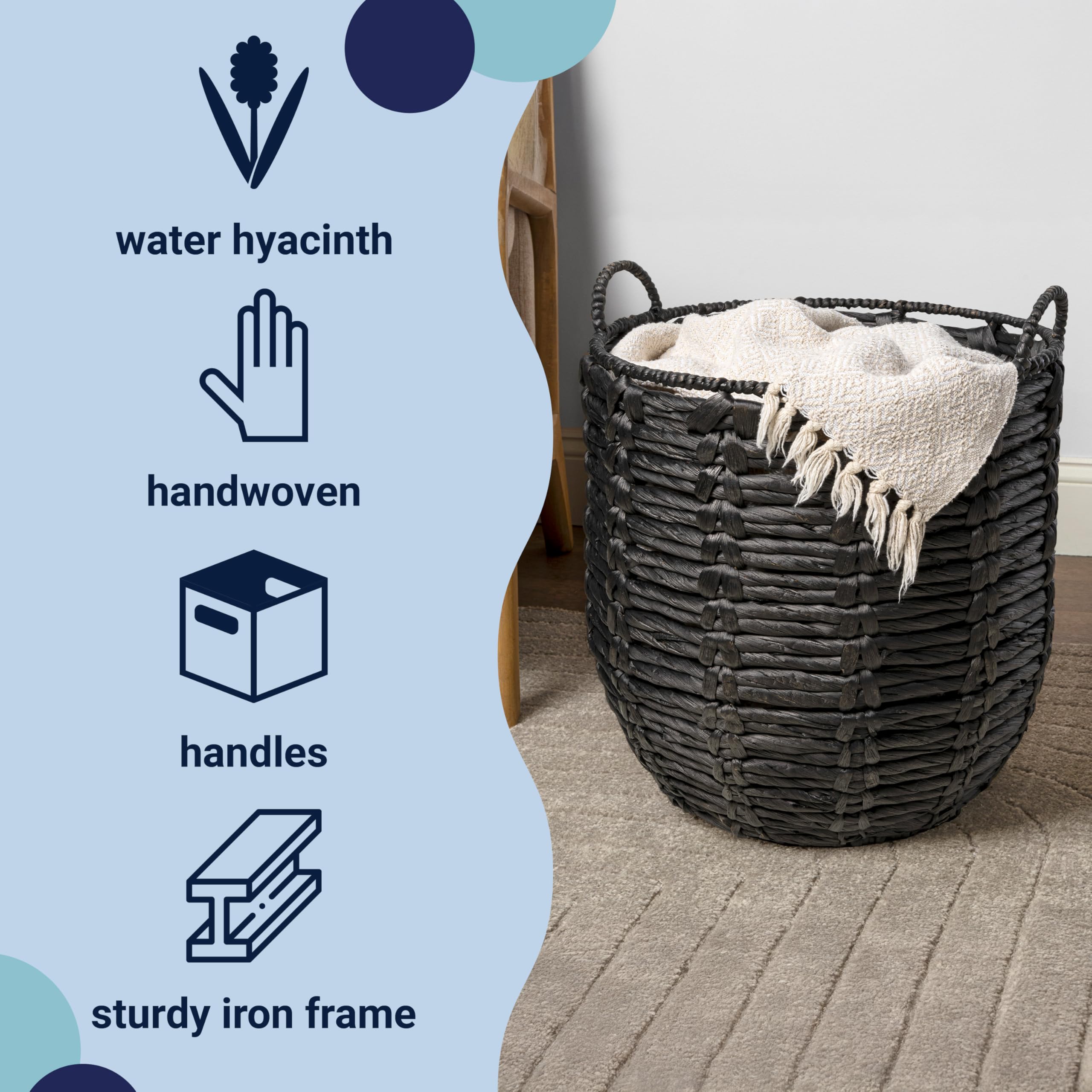 Happimess Bsk1003C Laurel 19.49 Bohemian Handwoven Abaca Hamper Basket With Handles, Seagrass Container For Decoration In Bedroo