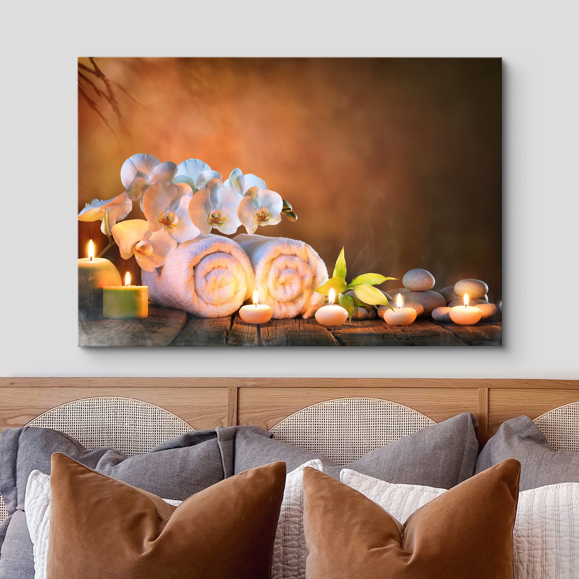 Wall26 Canvas Print Wall Art Relaxing Candle White Orchid Flower Massage Stones Jungle Leaf Nature Yoga Photography Modern Art C