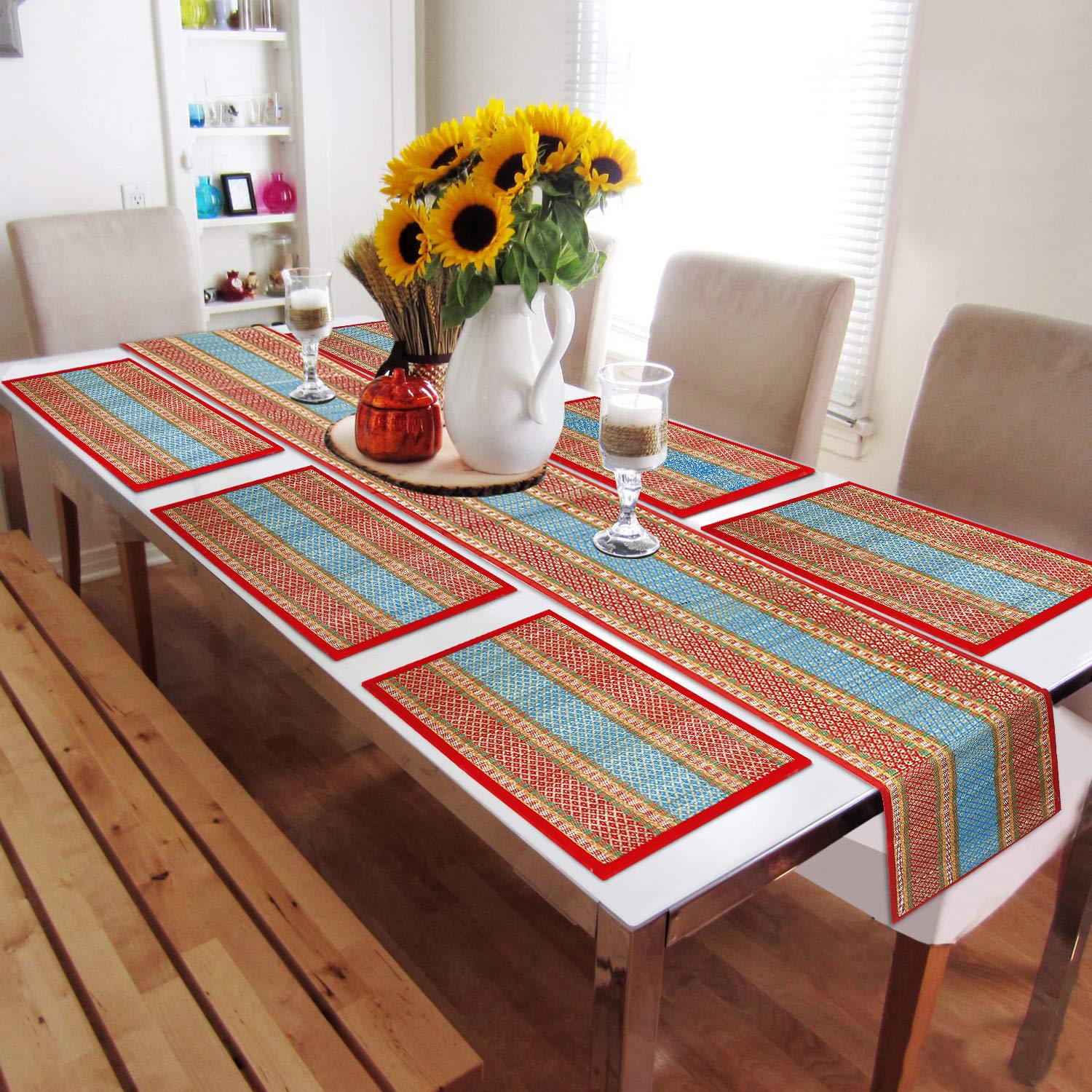 Hokipo Madurkathi 6 Placemats With Table Runner, Dining Table Mats, Red