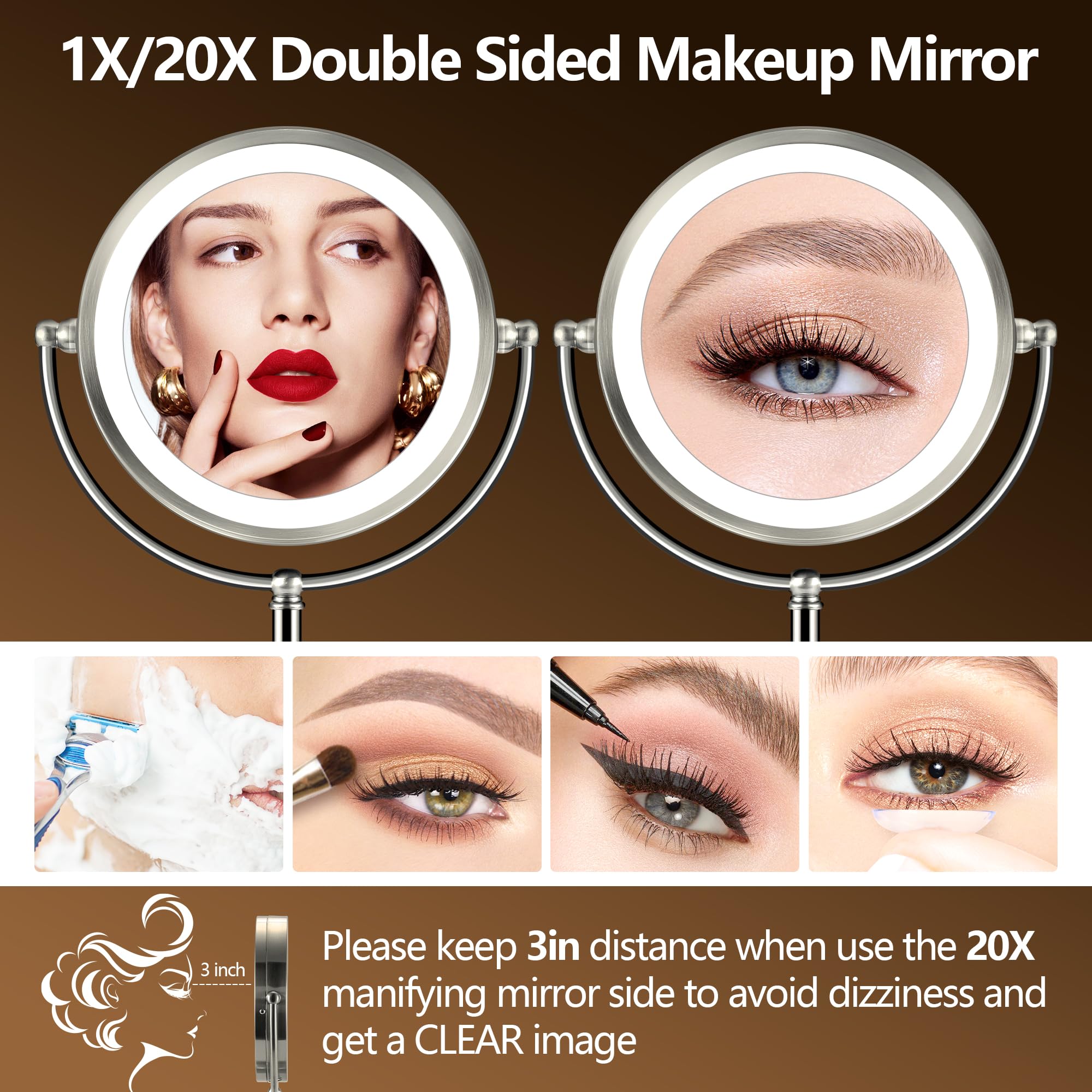 20X Large Lighted Makeup Mirror, Rechargeable 8.6'' Magnifying Makeup Mirror, 30-Minute Timer,3 Color Modes, Adjustable Brightne