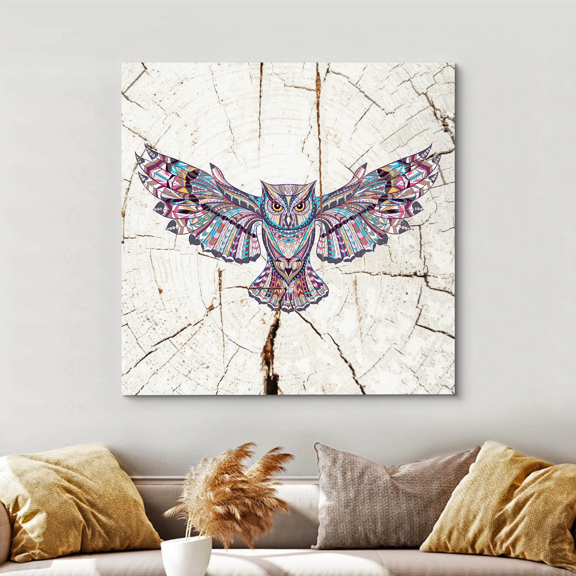 Wall26 Canvas Print Wall Art Wood Ring Effect Tribal Pattern Owl Animals Wildlife Wood Panels Modern Art Farmhouse/Country Expre
