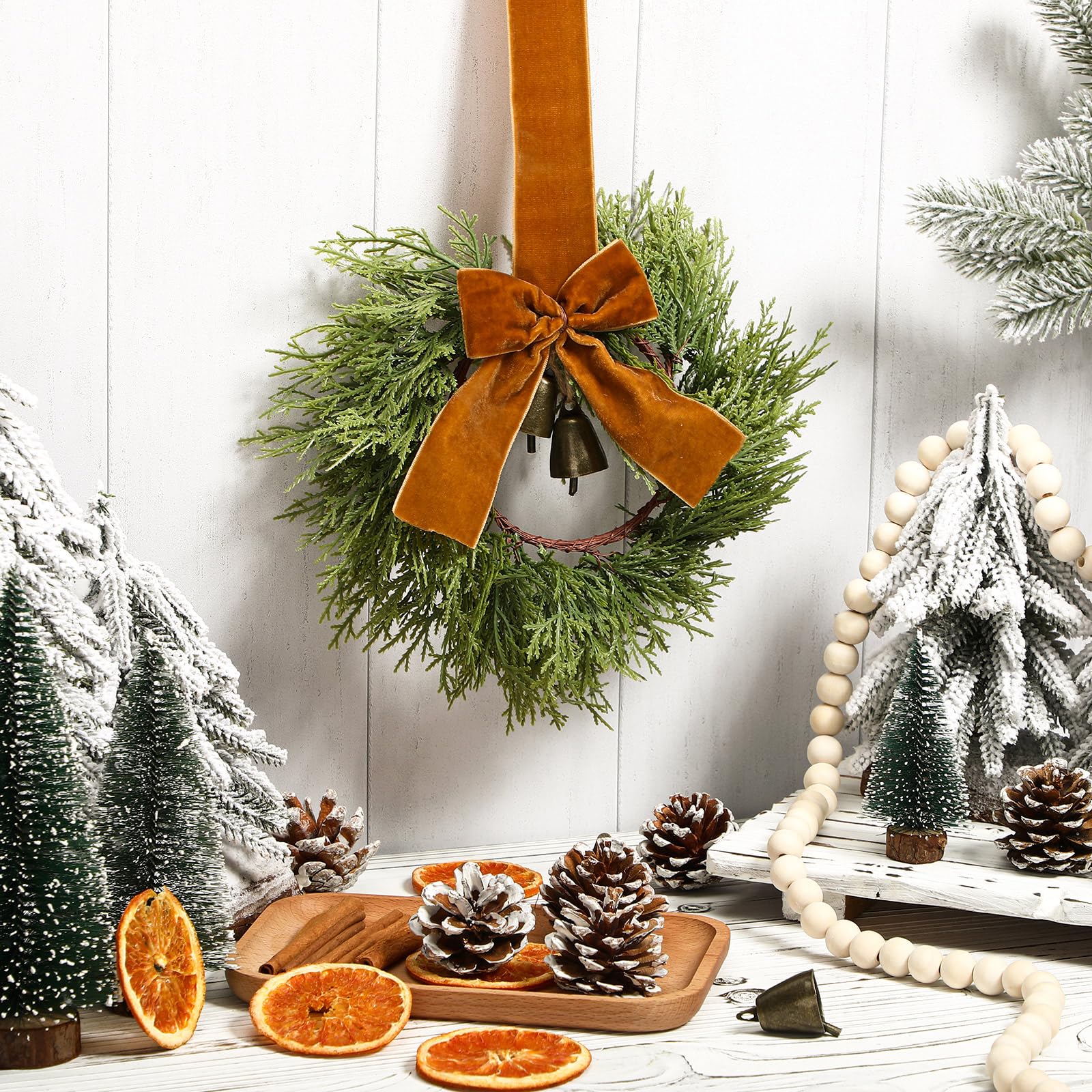 Suncalla 4 Pcs Small Christmas Wreaths for Cabinets 10.2 Inch Mini Cedar Wreaths with Vintage Rustic Cow Bell and Brown Velvet R