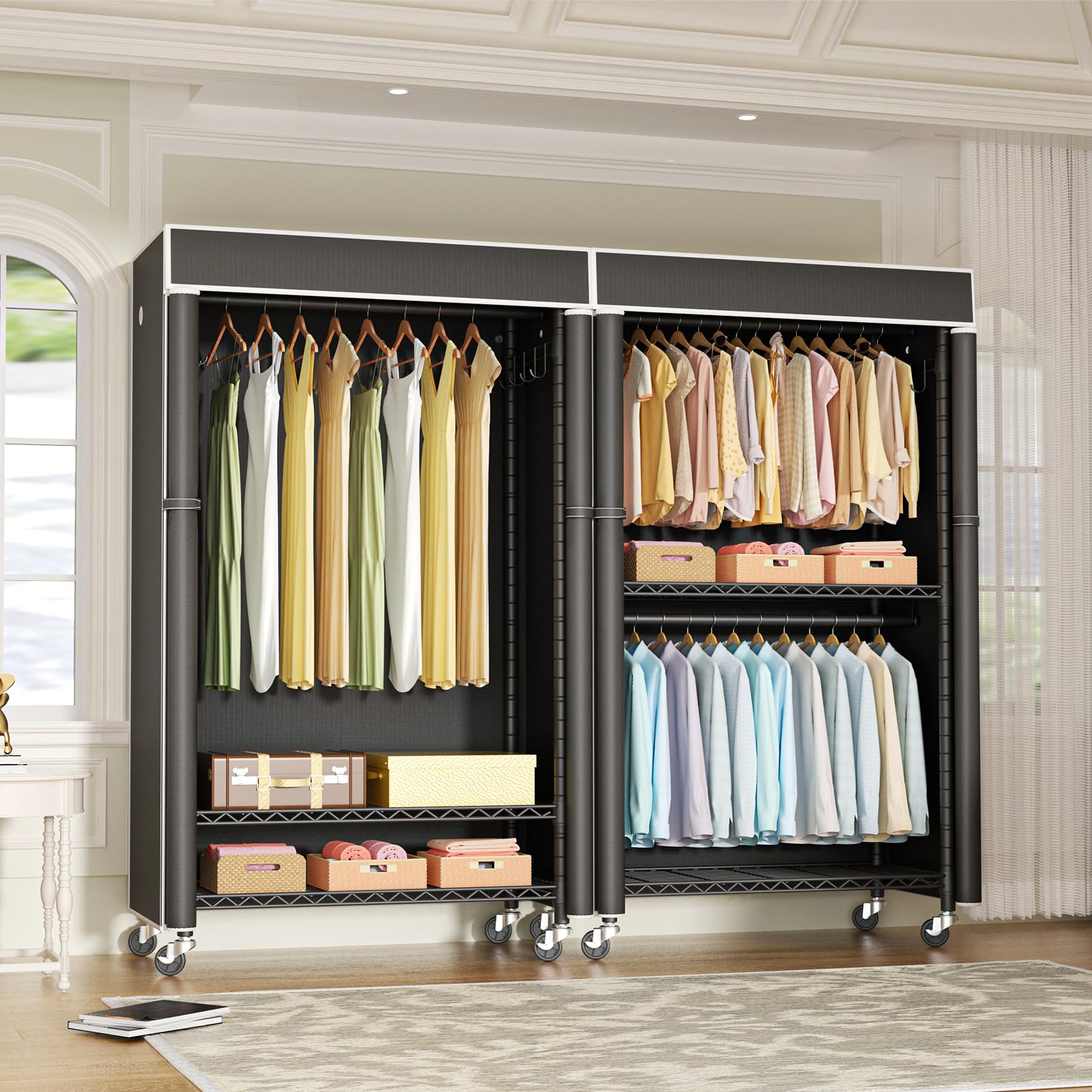 Futassi Clothing Rack With Cover, P1C Rolling Closet Rack With Wheels, Metal Garment Rack For Hanging Clothes, Clothing Storage