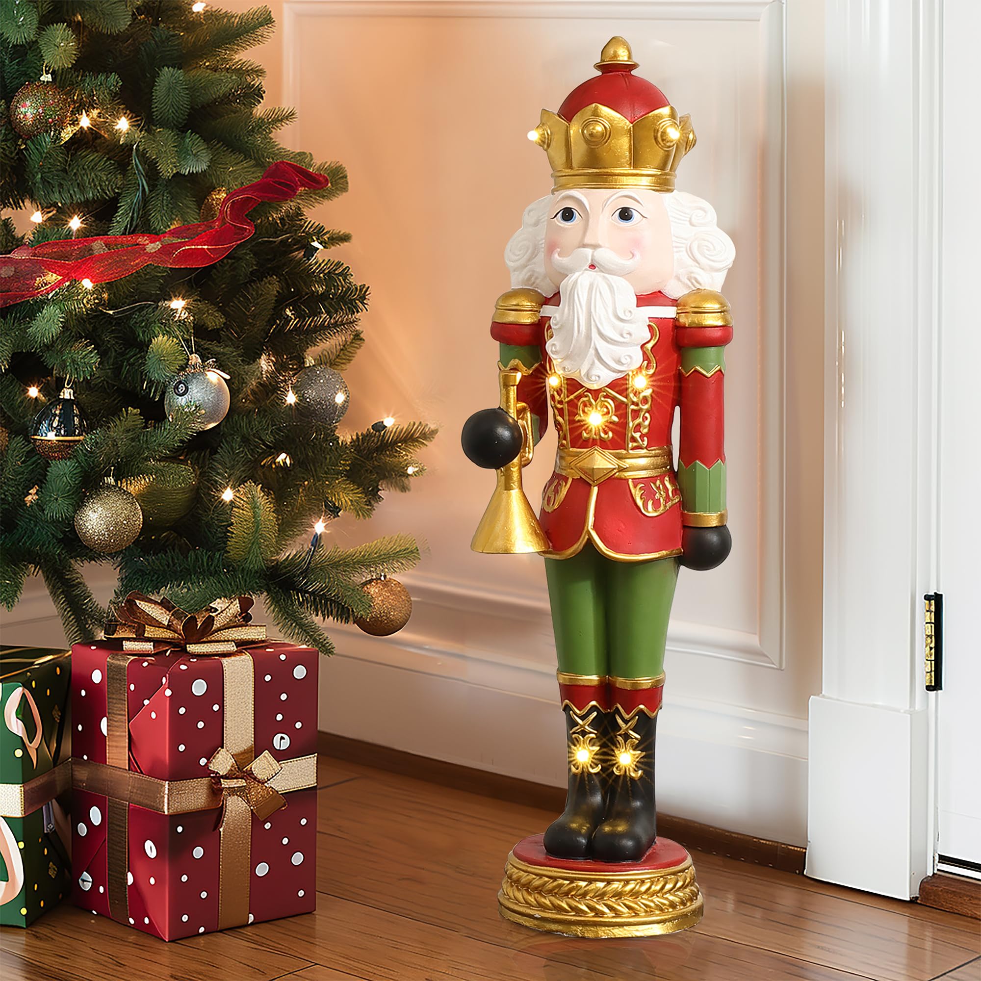 LuxenHöme Nutcracker Decoration - 2FT Lighted Holiday Soldier Statue, Red and Green, Indoor/Outdoor Christmas Decor