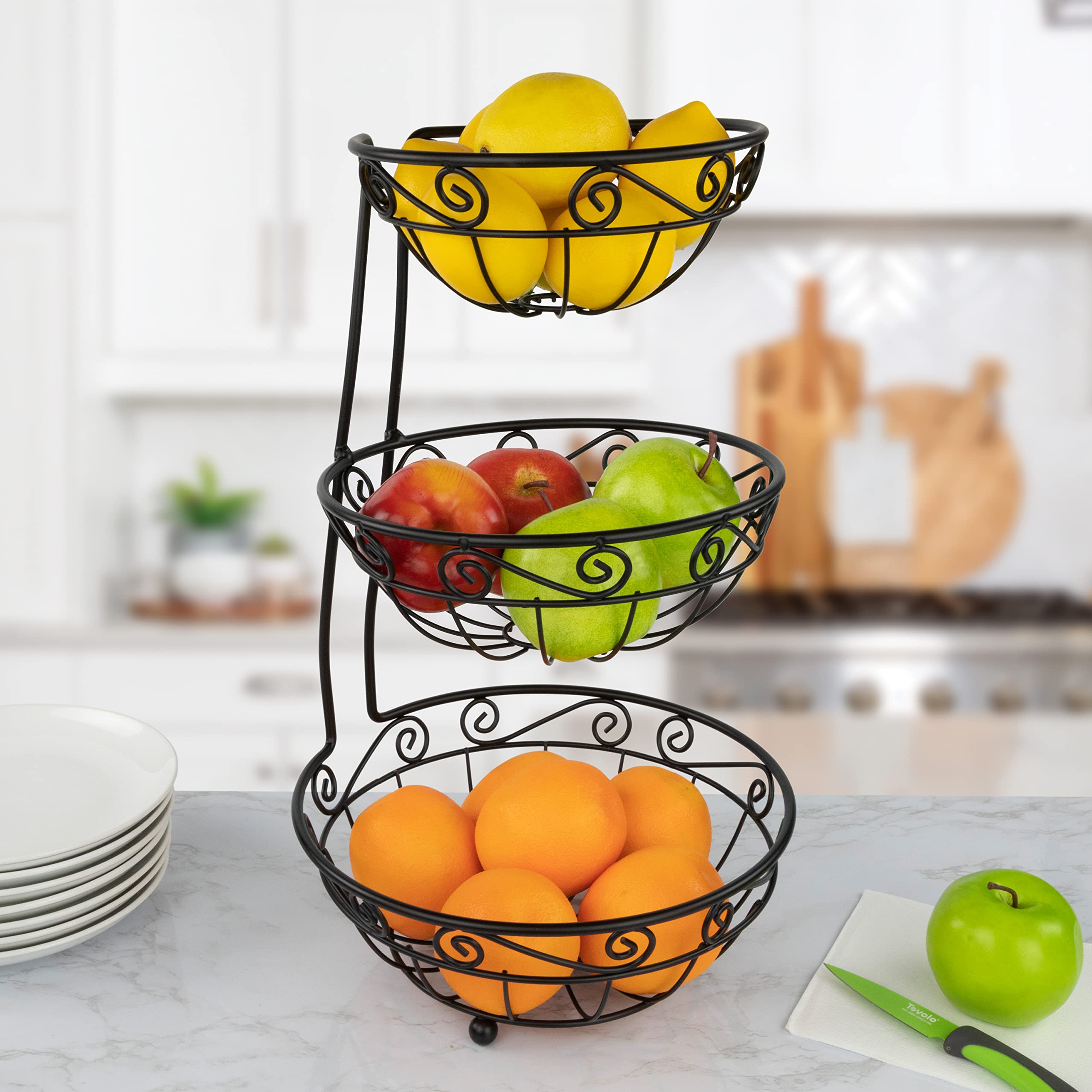 Spectrum Diversified Scroll Arched Server Stacked, 3-Tier Bowls Counters, Traditional Kitchen D  Cor & Fruit Basket Stand, Black
