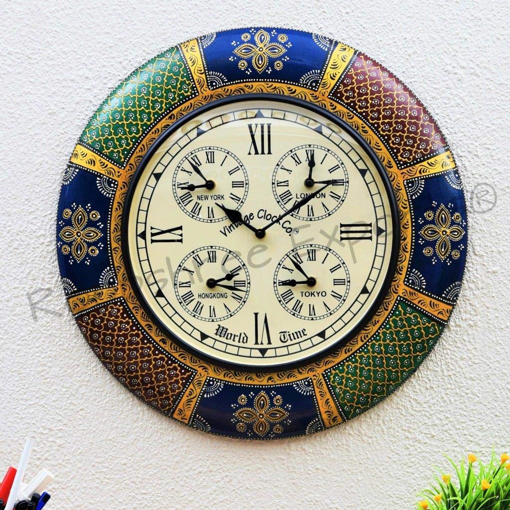Vintage Clock Large Wooden Hand-Painted Wall Analog Clock / World Time Clock / 1 Year Warranty / 18X18 Inches (45 CmS)