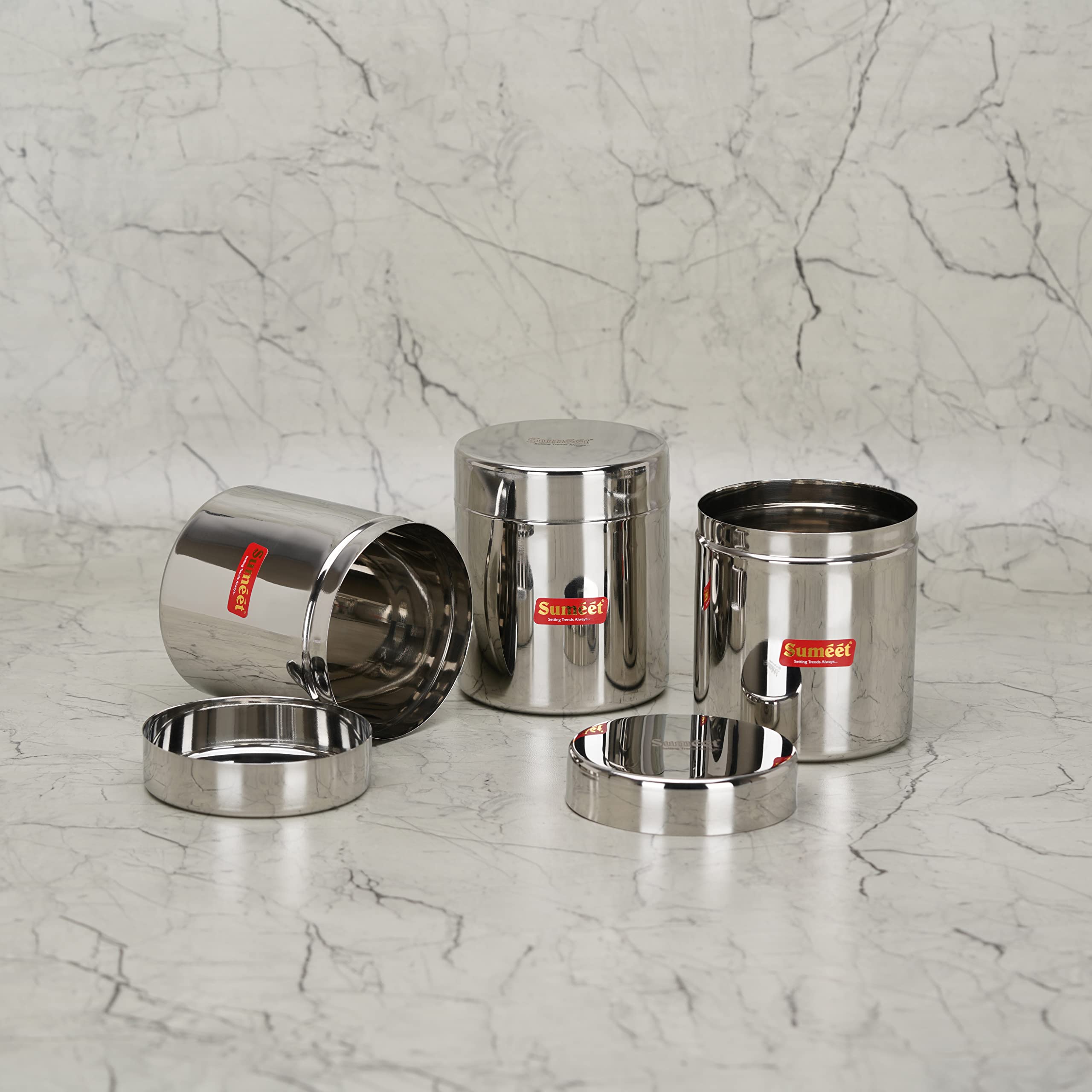 Sumeet Stainless Steel Small Canisters/Jars/Ubha Dabba/Storage Containers Set Of 3Pcs, 350 Ml Capacity Each, 7.5Cm Dia, Silver