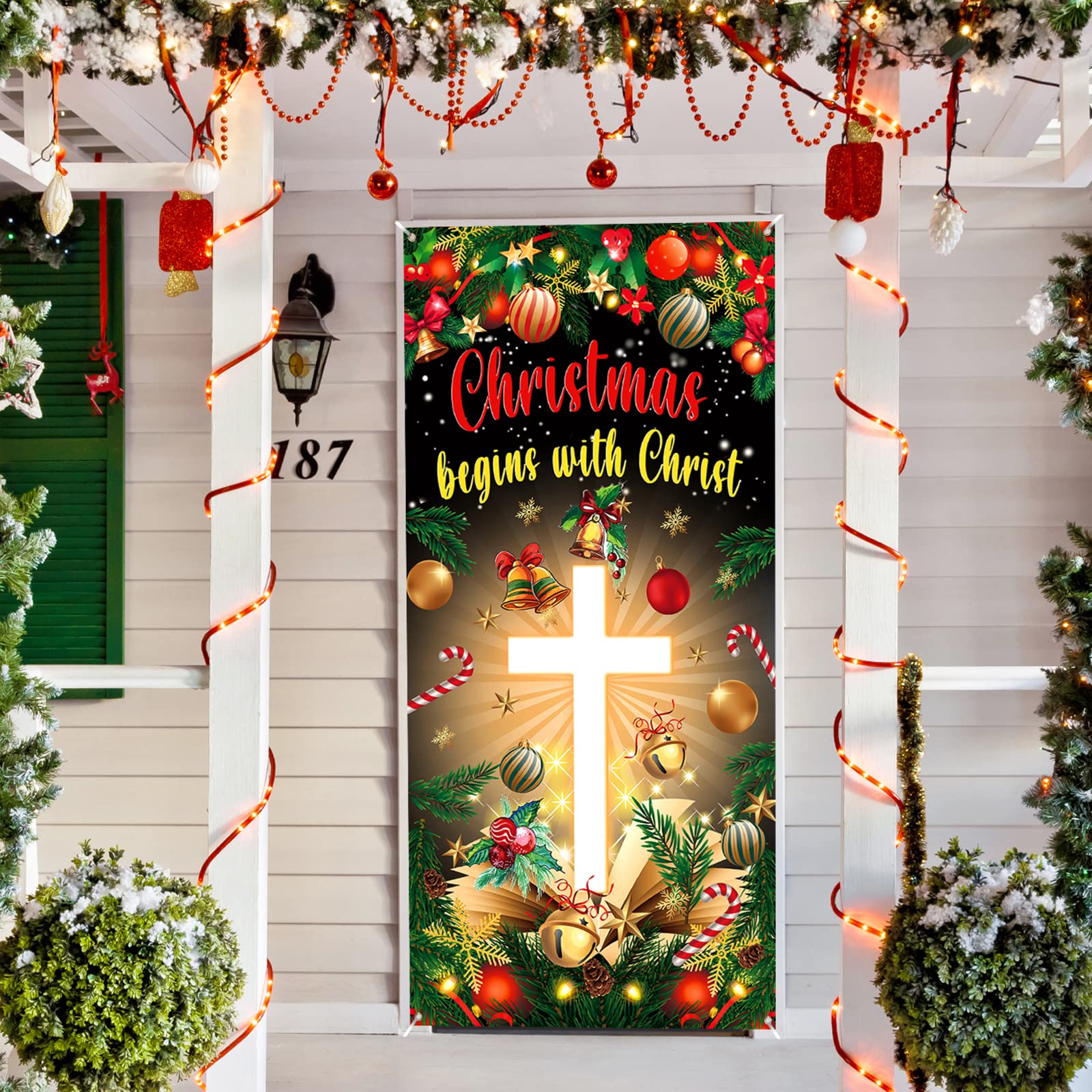 Christmas Cross Door Cover Nativity Cross Religious Door Decorations Banner Christmas Begins With Christ Porch Sign Photo Backdr