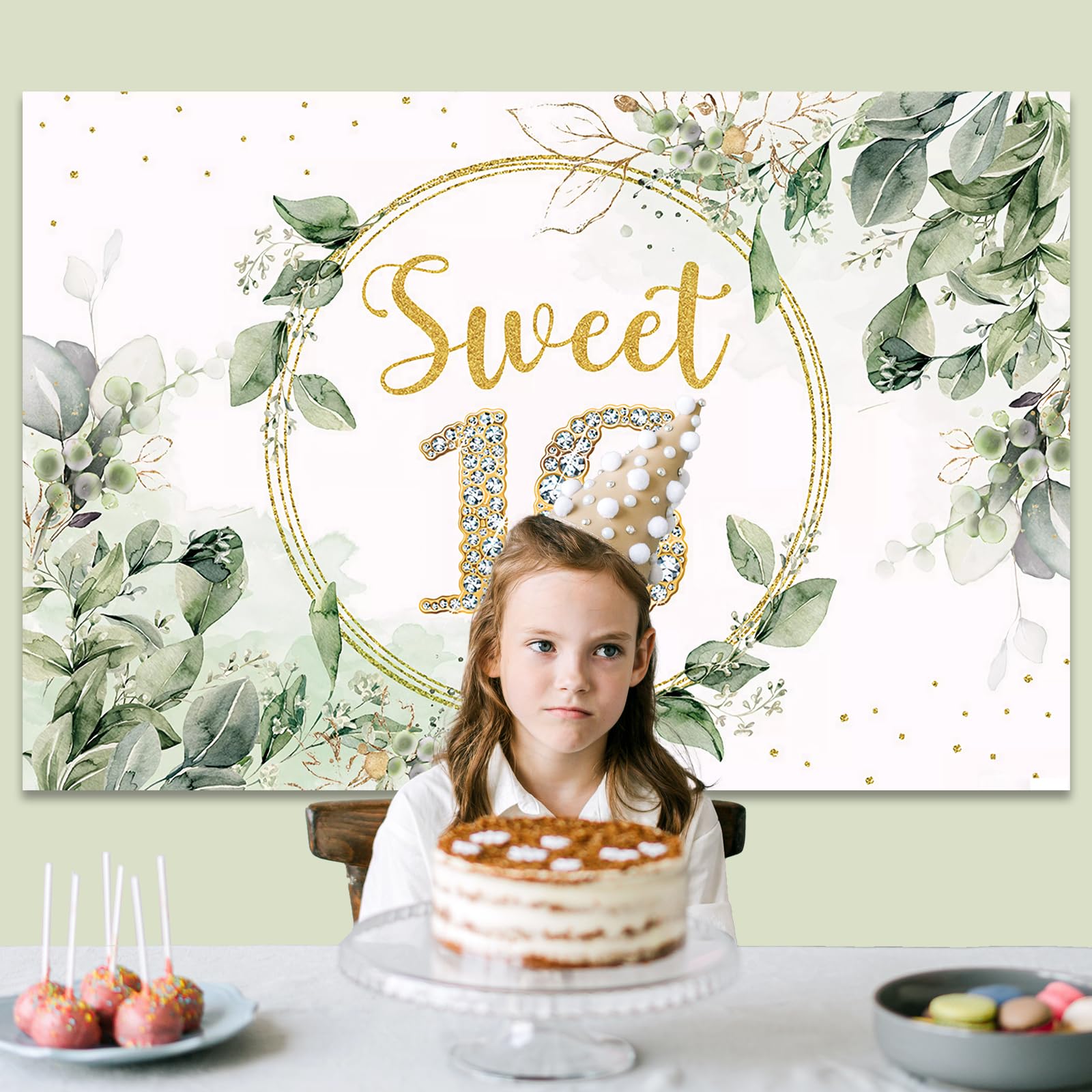 Difounmas Sweet 16 Birthday Backdrop Banner, 60"x40", Sage Green, Model JFH-099, Perfect for Girls' 16th Birthday Party Decor