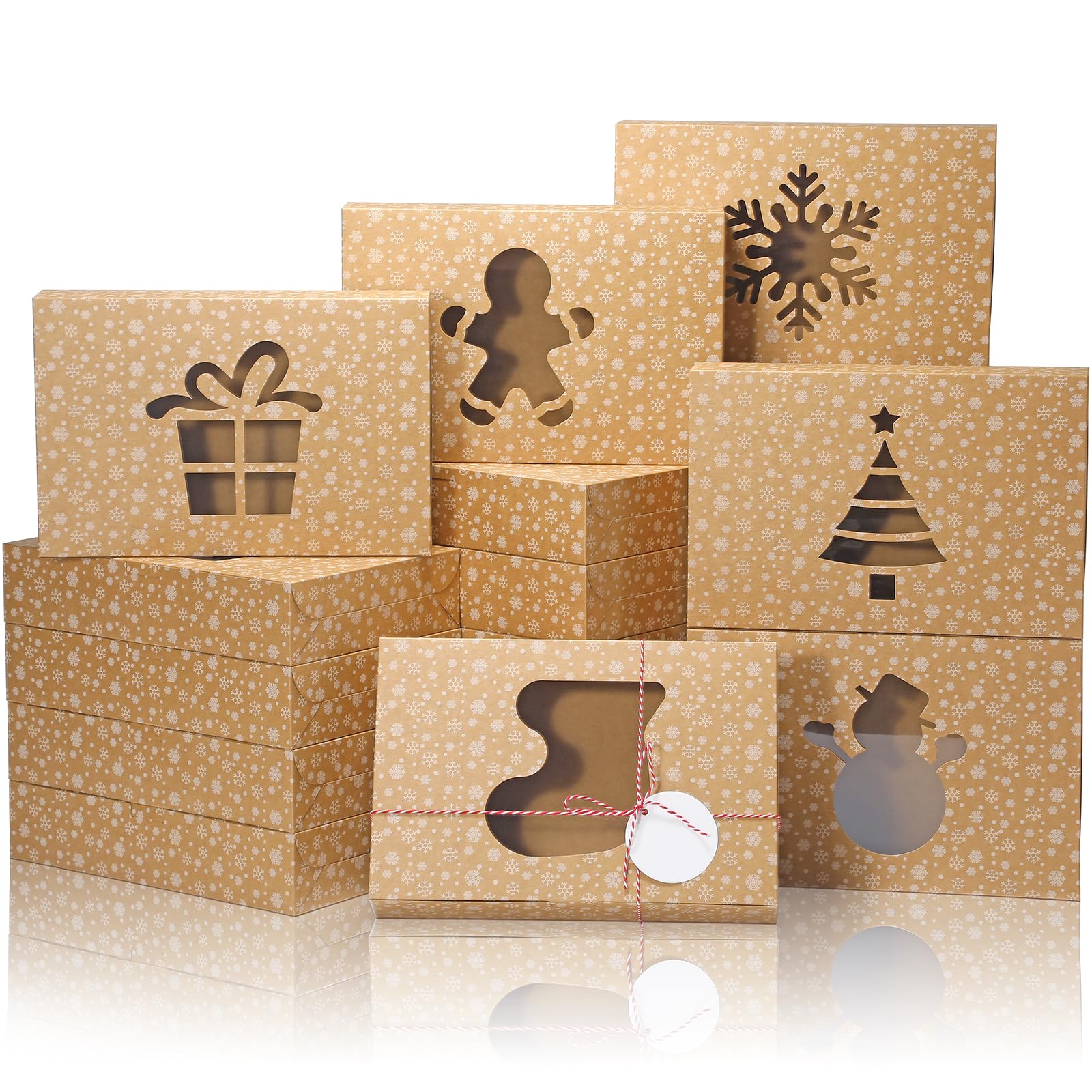 COTOPHER 18Pcs Christmas Cookie Boxes with Window, 12x8x2.5 inch Brown Bakery Boxes for Gift Giving, Snow Pattern Treat Boxes Ho