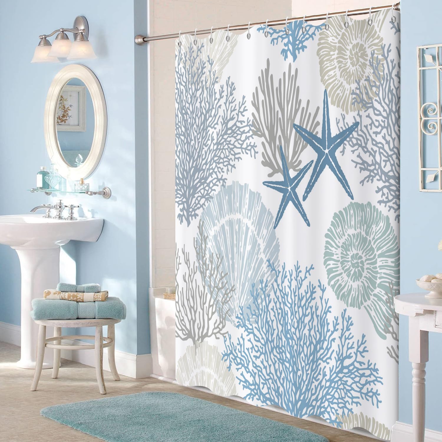 Caheansi Nautical Coastal Shower Curtain, Blue Ocean Beach Seashell Starfish Themed Bathroom Curtain Waterproof Fabric Machine W