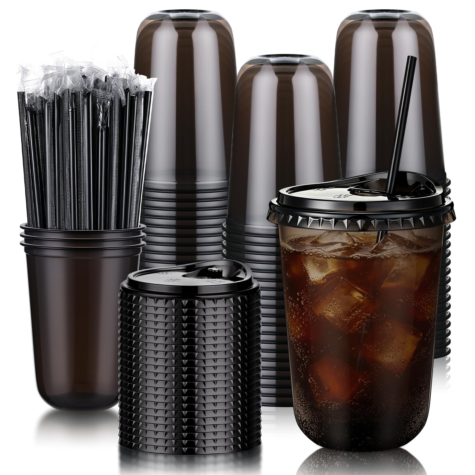 tchrules 100 Set 16oz Black Round Bottom Plastic Cup with Sip Lid & Straw