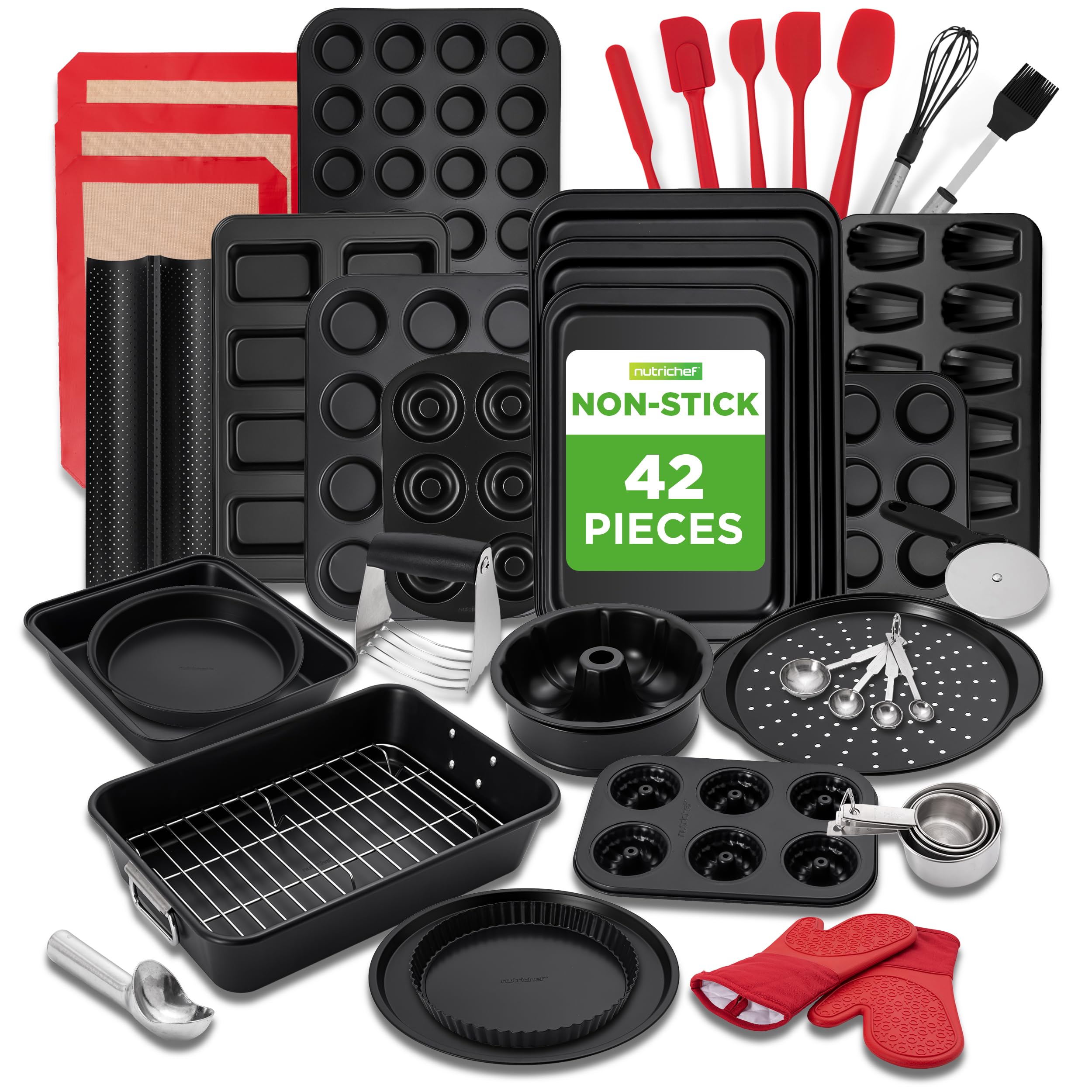 NutriChef 42-Piece Ultimate Nonstick Bakeware Set - Carbon Steel Baking Pans, Everyday Baking Tools, Oven Mitts, & More - Ideal 