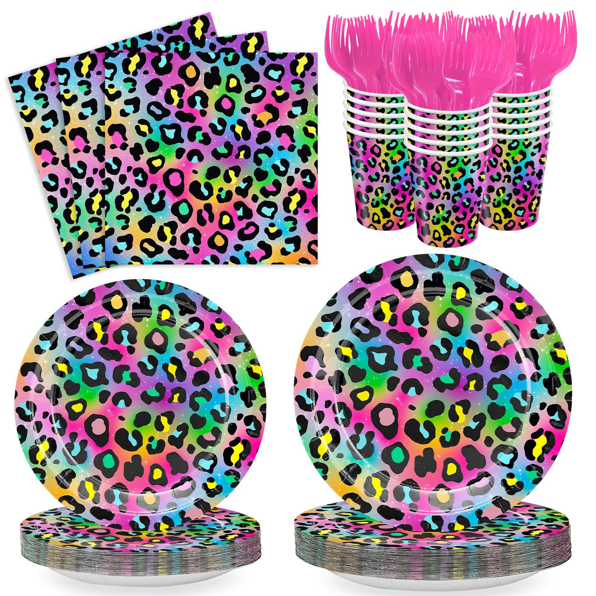 Xienbloc 120Pcs Neon Rainbow Leopard Birthday Party Supplies Paper Plates Napkins Cheetah Girl'S Sparkly Splatter Paper Tablewar
