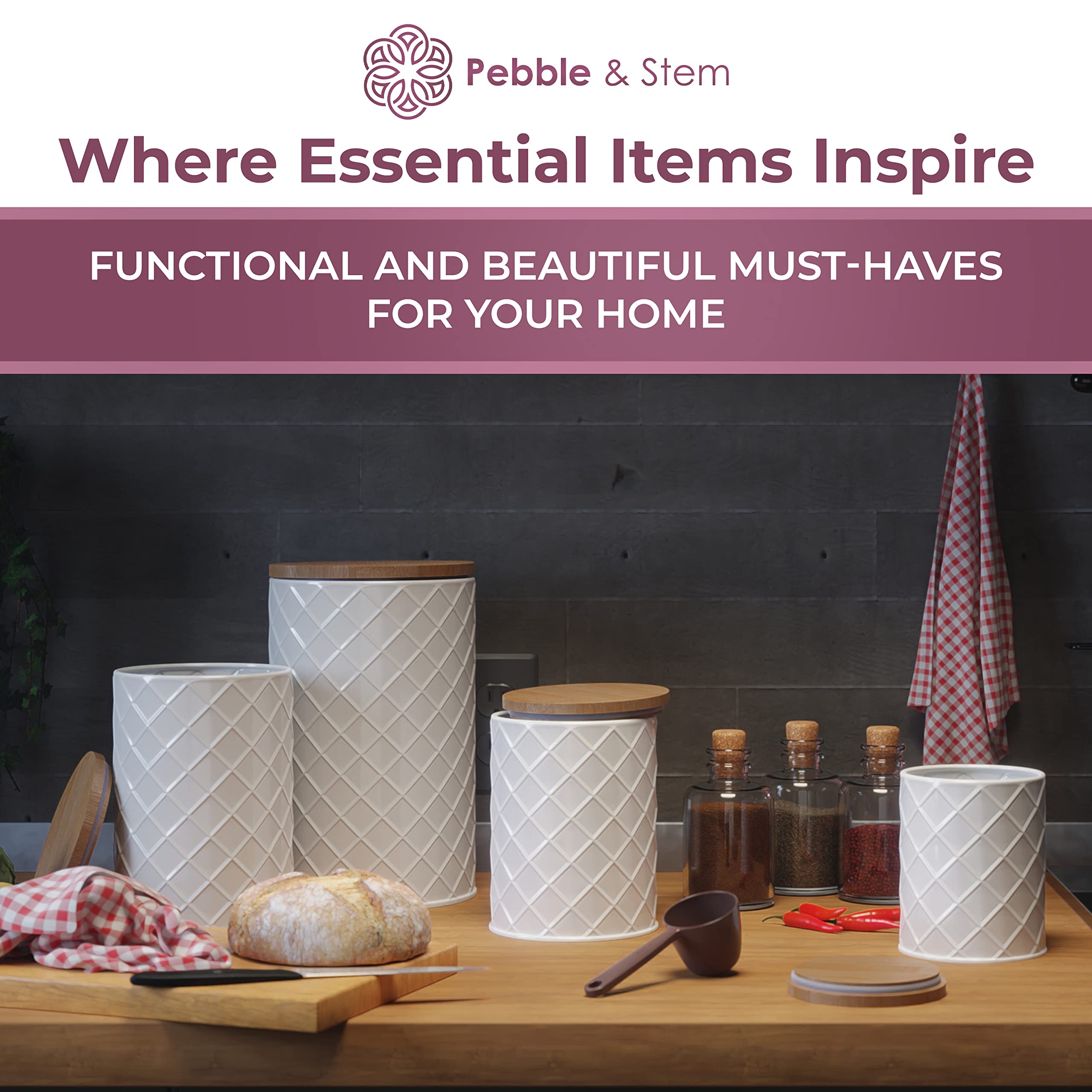 Pebble  Stem White Canister Sets For Kitchen Counter, Kitchen Canisters Set Of 4, Airtight Countertop Flour And Sugar Containers