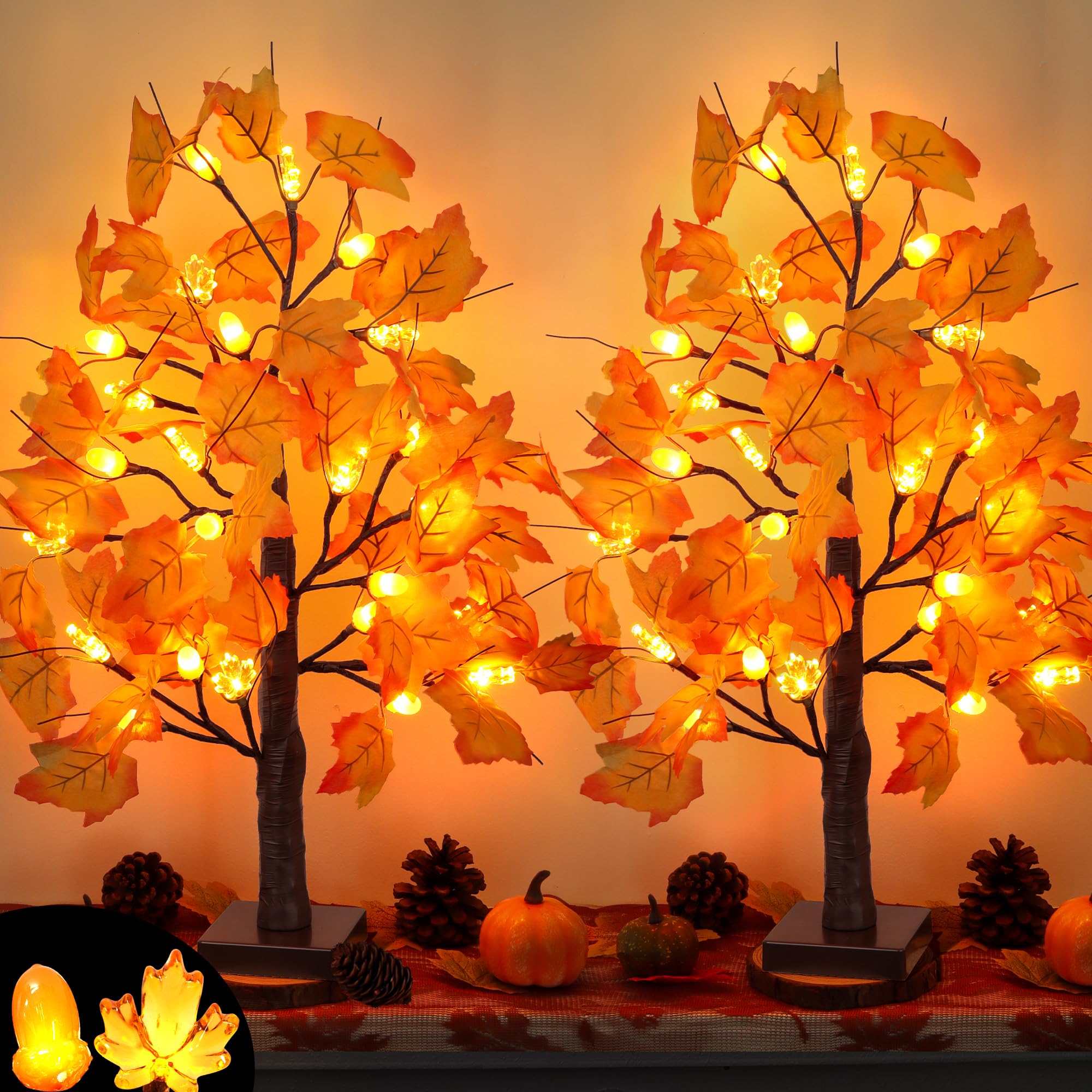 2Pack 24 Inch Lighted Fall Maple Tree Fall Thanksgiving Decorations with 48 LED Timer Battery Operated Prelit Acorn Maple Tablet