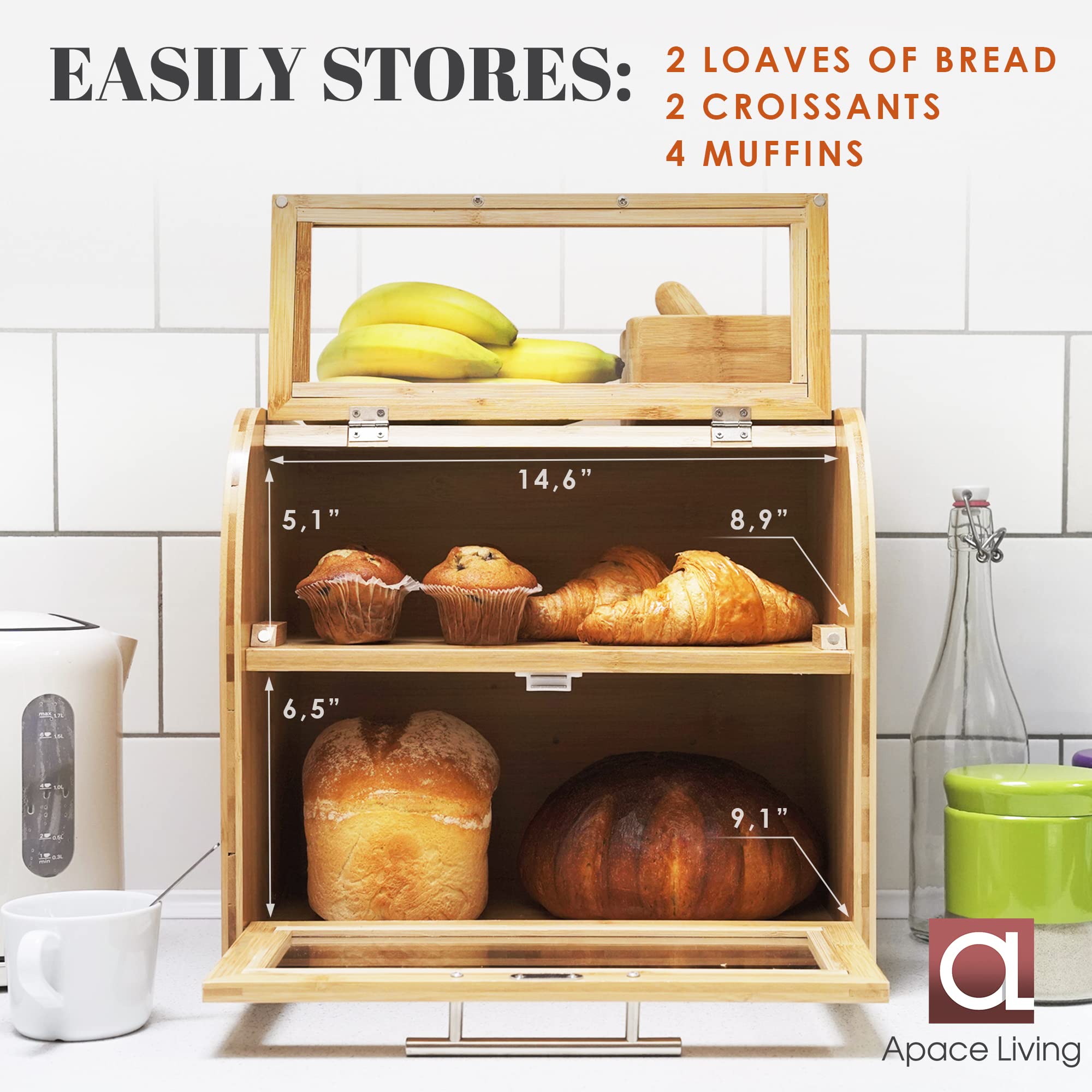 Arise Stylish Bamboo Bread Box For Kitchen Countertop, Extra Large 2-Shelf Wooden Bread Storage Container With Clear Windows And