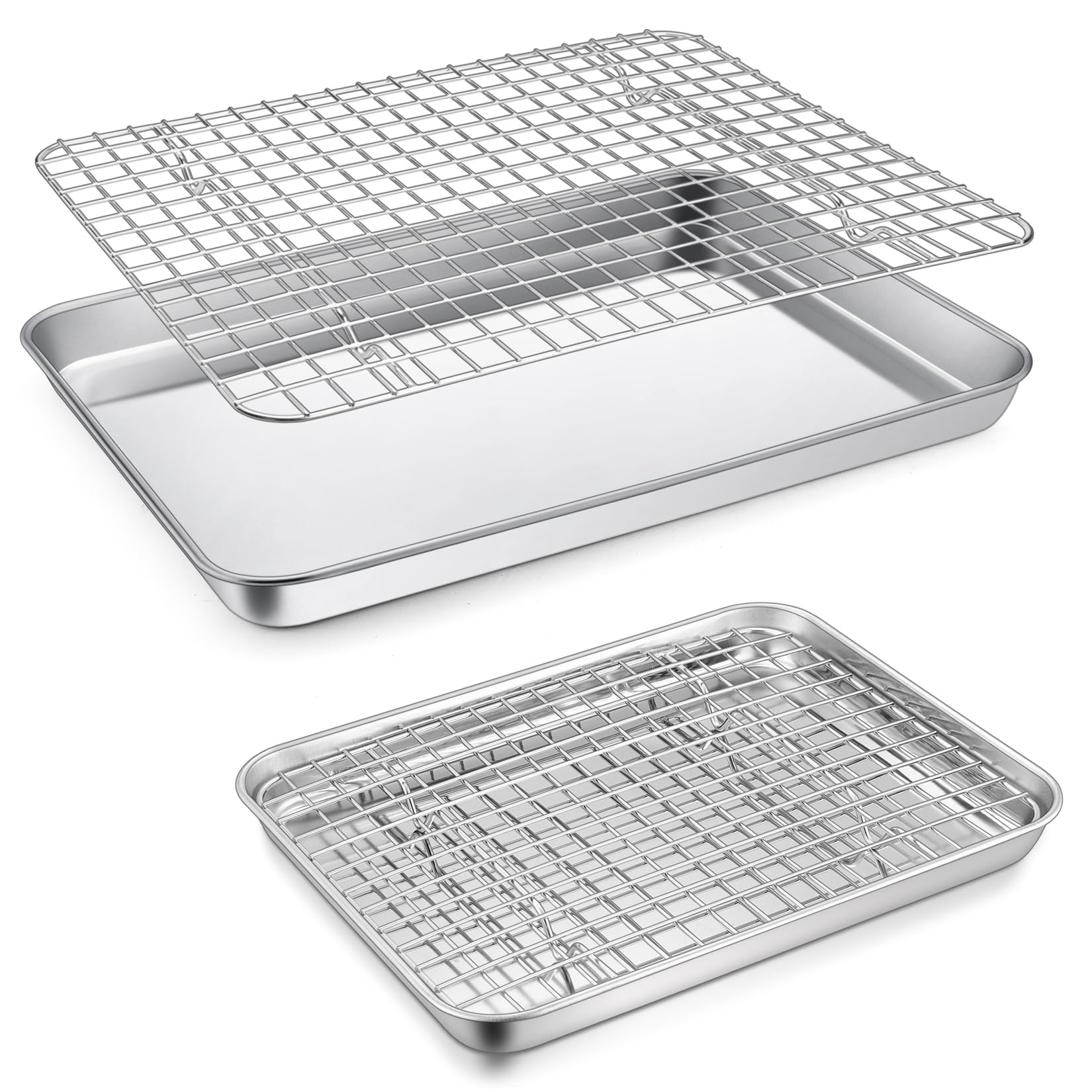 P&P Chef Toaster Oven Pans Trays With Racks Set, 4 Pcs (2 Pans + 2 Racks), Stainless Steel Small Baking Pan And Cooling Rack For