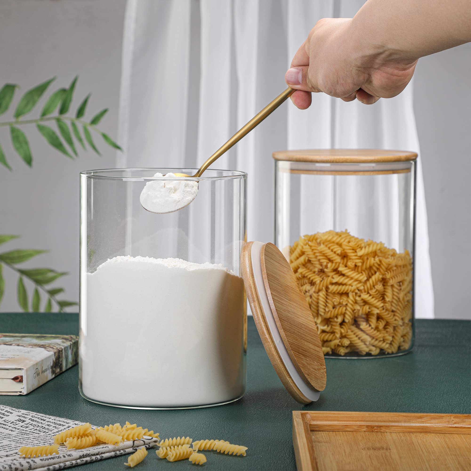 Moladri 3000 Ml/100 Fl Oz Clear Glass Storage Canister Holder With Airtight Bamboo Lid, Extra Large Container Jar For Flour Suga