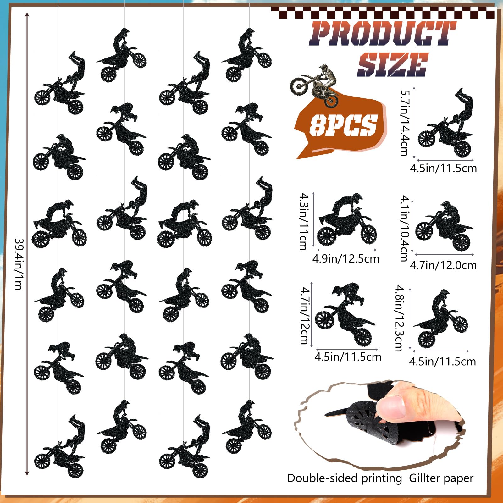 Pajean 8 Pcs Dirt Bike Birthday Party Decorations Motorcycle Garland Banner Motocross Party Banner Riding Ceiling Hanging Stream