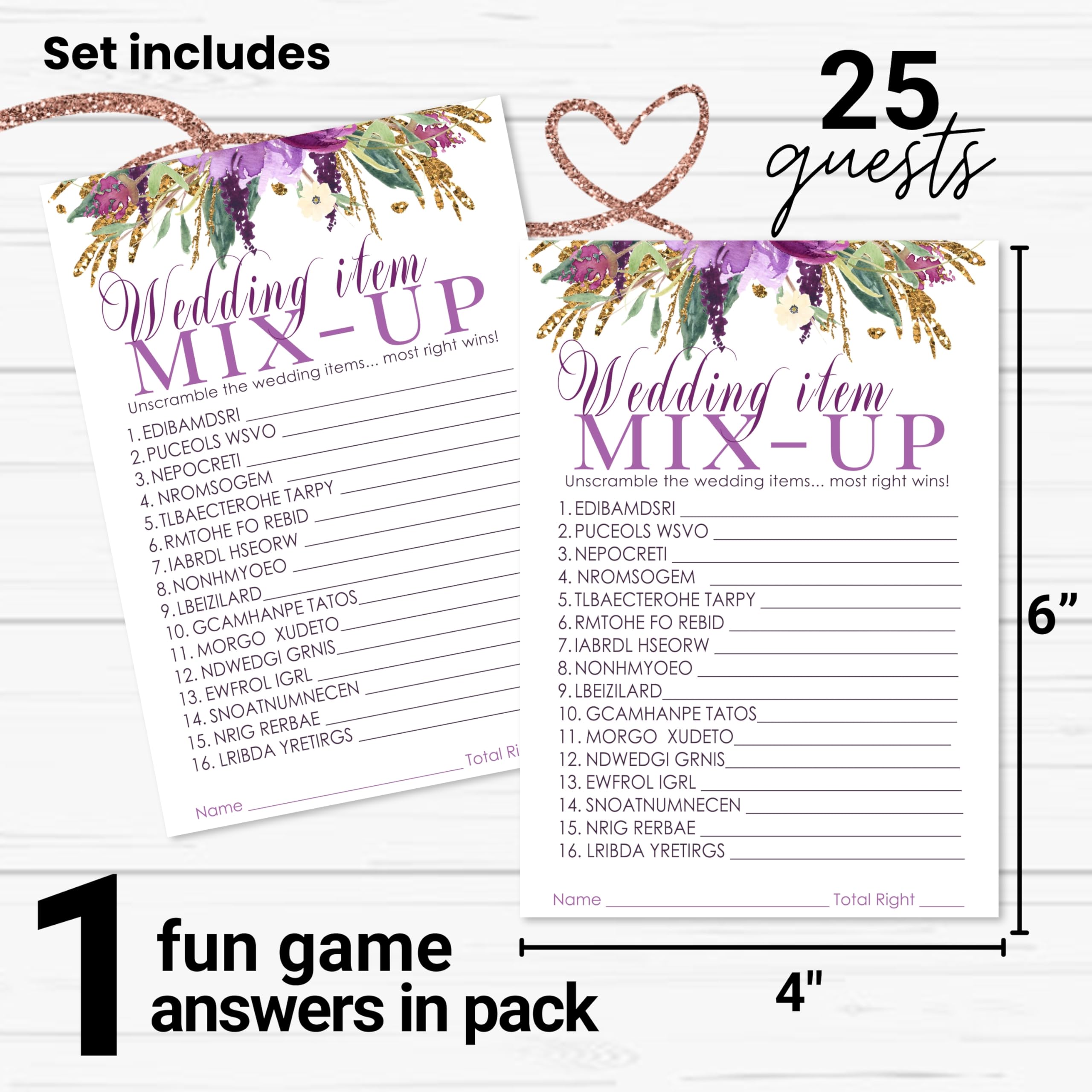 Purple Floral Bridal Shower Games - 25 Wedding Word Scramble Cards - Fun Guessing Activity For Engagement Parties And Rehearsal