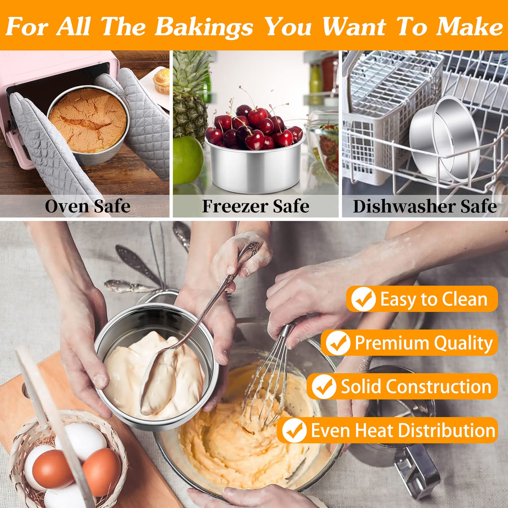 P&P Chef 4 Inch Small Cake Pan Set Of 4, Stainless Steel Baking Round Tins Bakeware For Mini Pizza, Quiche, Non Toxic & Healthy,