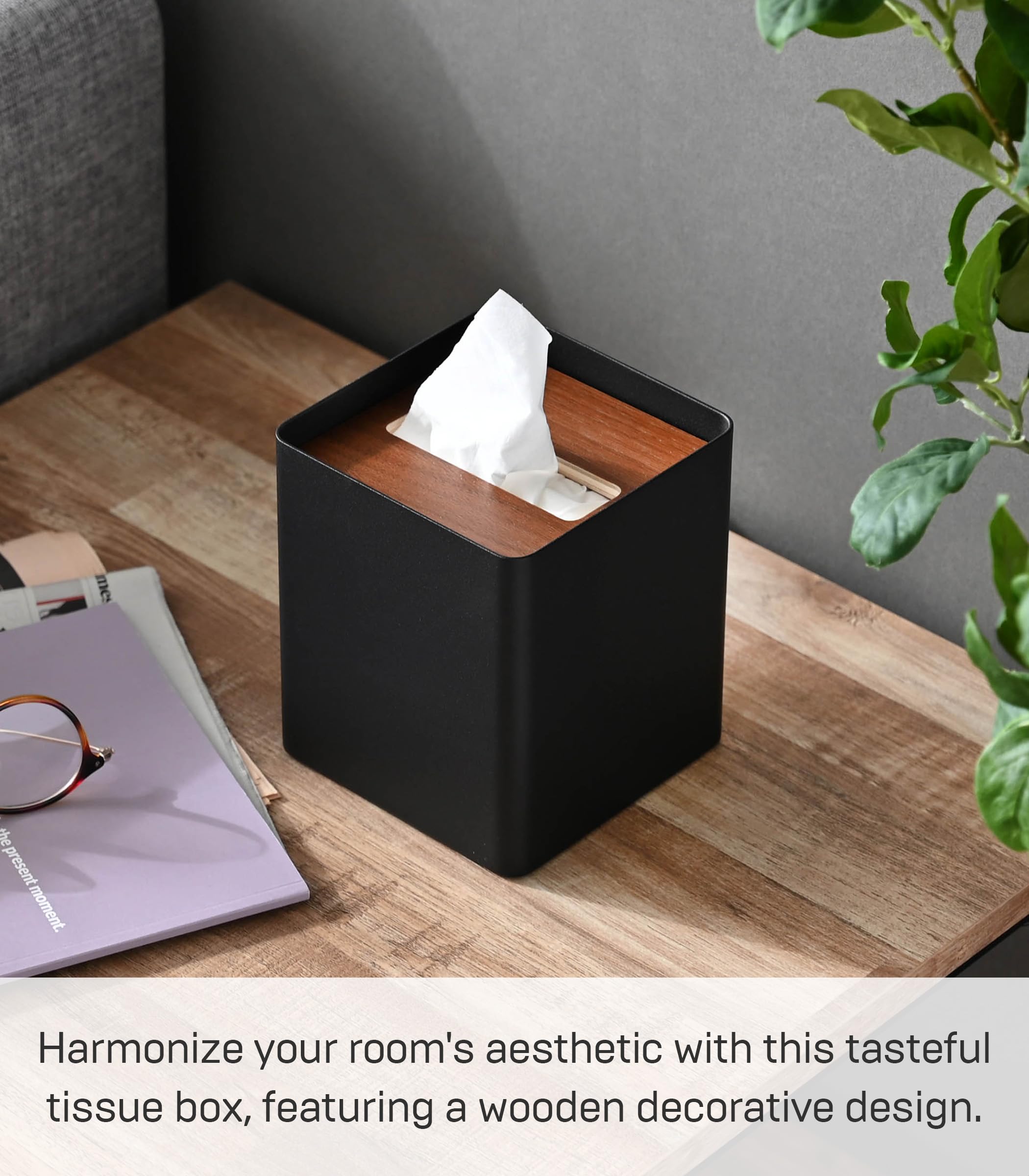 YAMAZAKI Box Cover Home | Steel | Tissue Case  One Size  Walnut