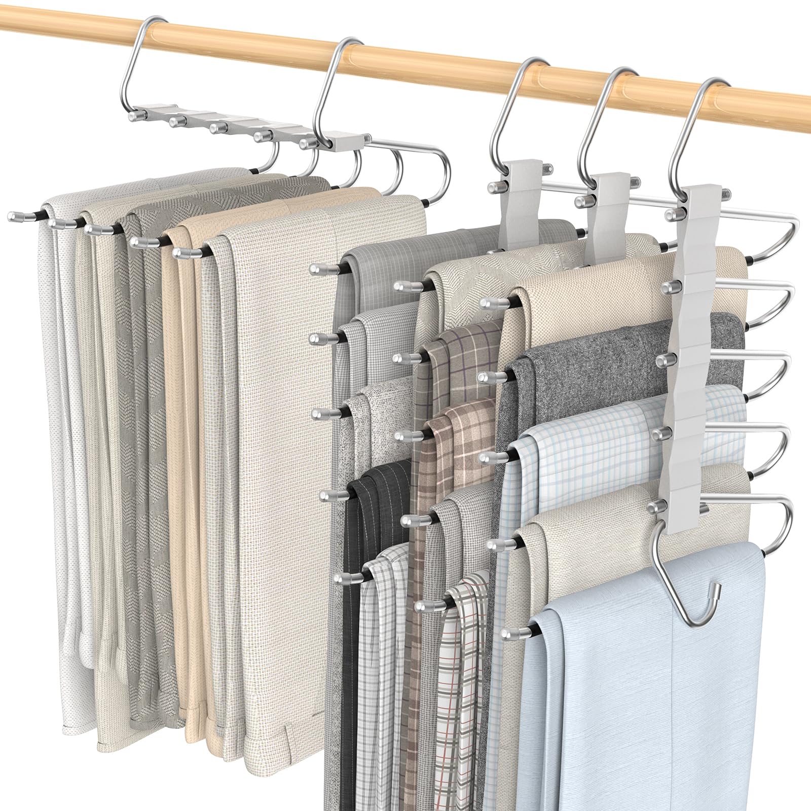 Loretoy 4 Pack Pants Hangers Space Saving, Anti-Slip Multi-Functional Pants Rack, Thickened Stainless Steel Tube, Two Hanging Mo