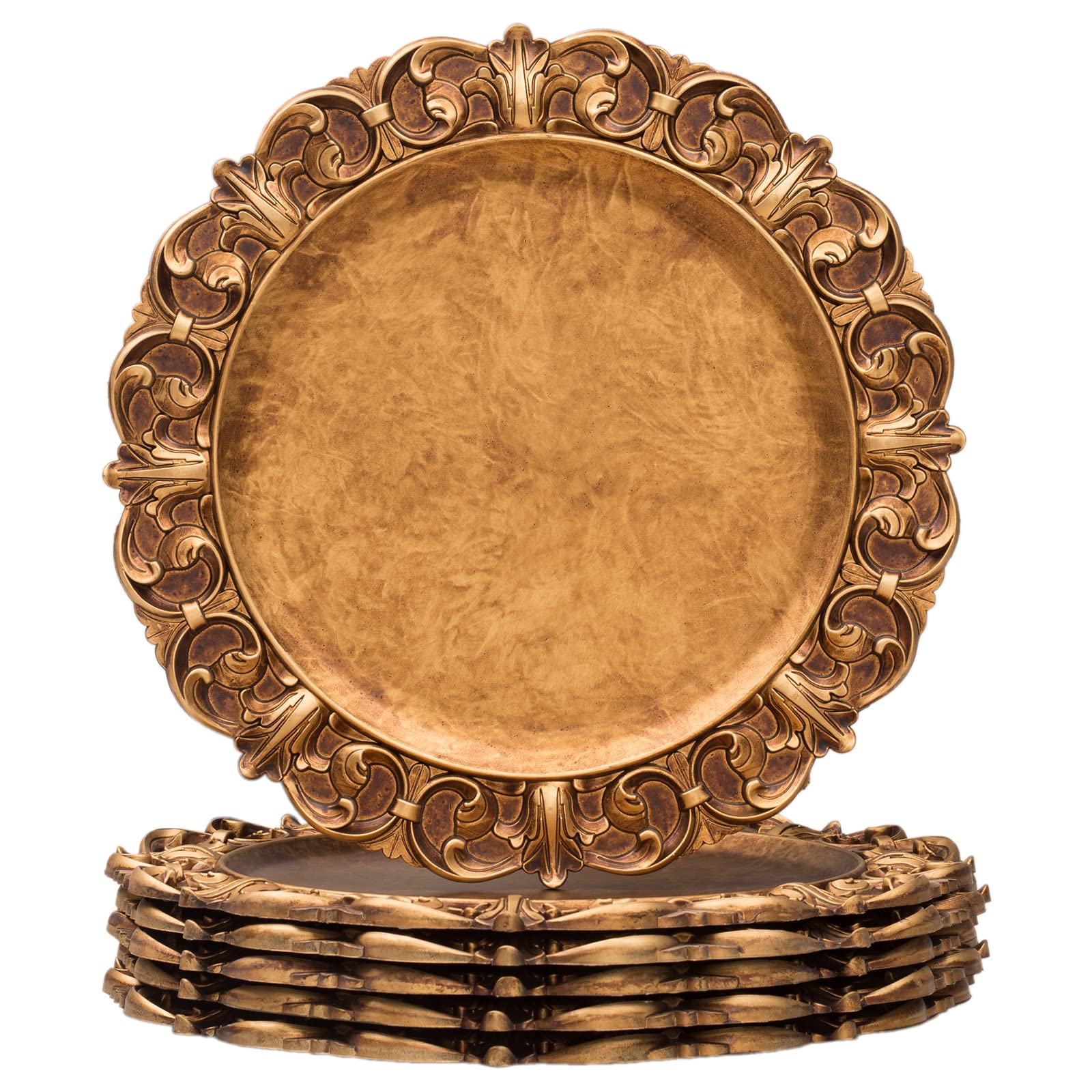 Maoname 14'' Antique Gold Charger Plates With Embossed Rims, Set Of 6, Plastic Plate Chargers For Dinner Plates, Table Setting