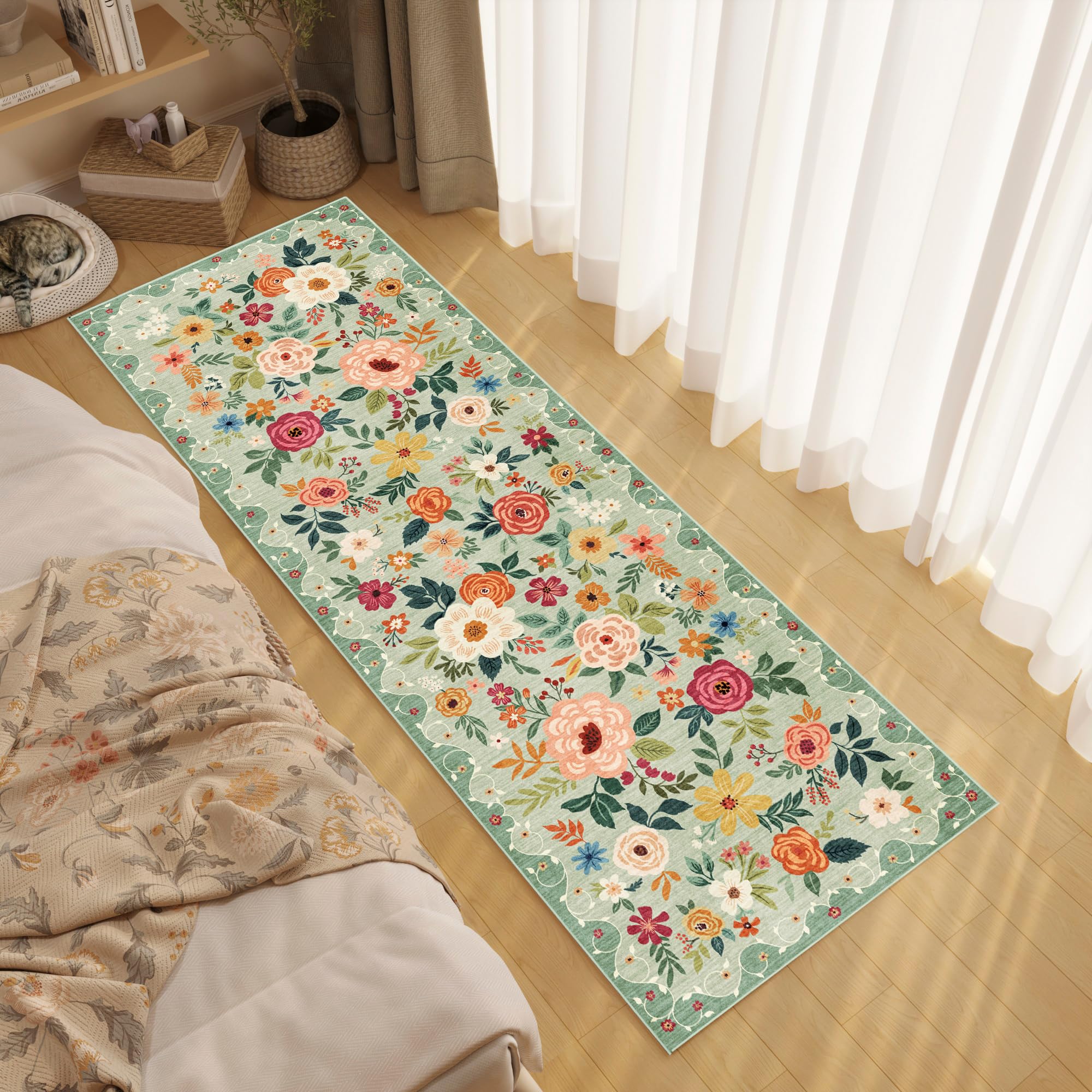 DUKINO Runner Rug, 2x10 Kitchen Runner Rug for Hallway, Washable Runner Rug with Non Slip Backing, Low Pile Soft Boho Floral Car