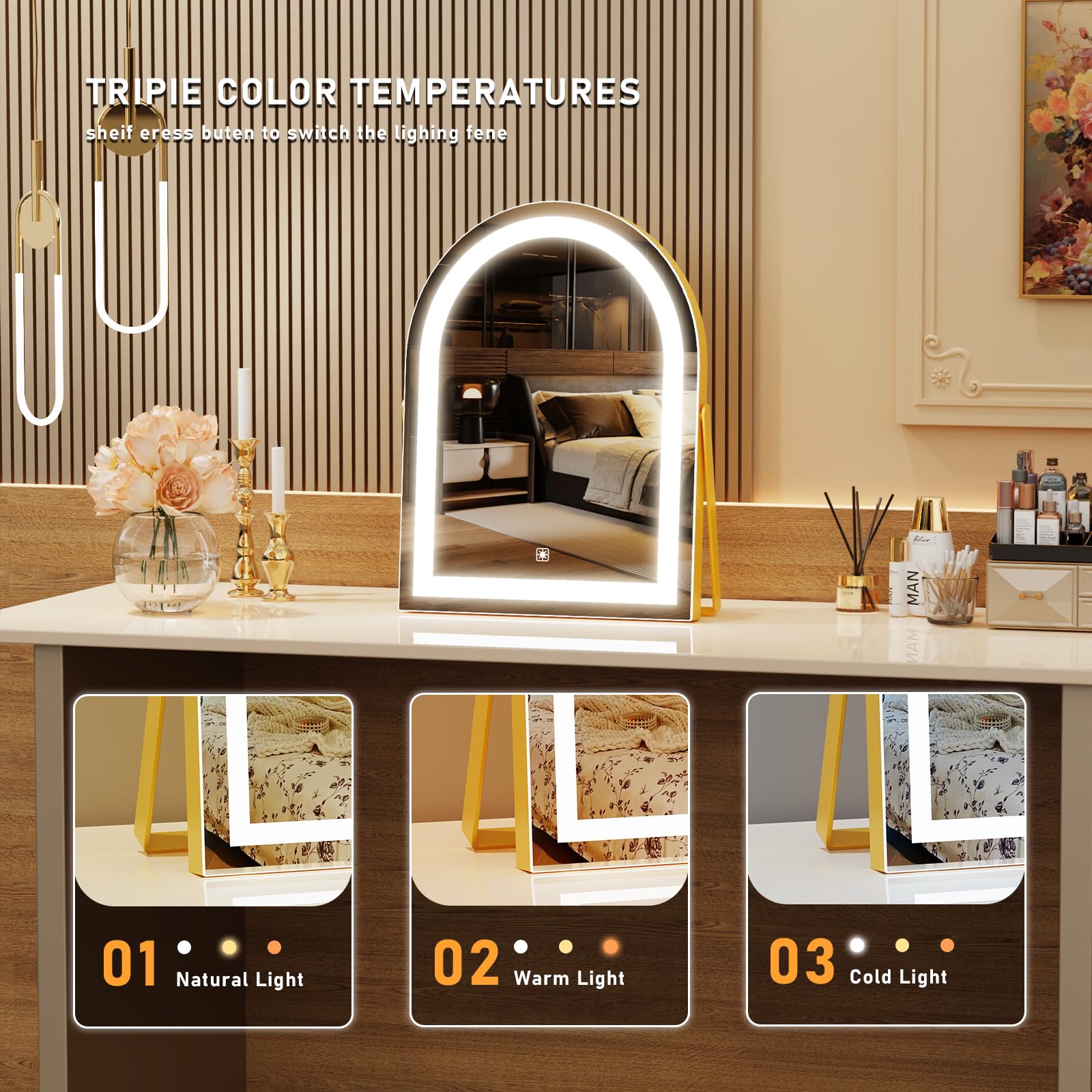 Gvnkvn Elegant LED Vanity Mirror with 3-Color Adjustable Lights, Arched Makeup Mirror 360 Rotating Stand & Touch Control - Perfe