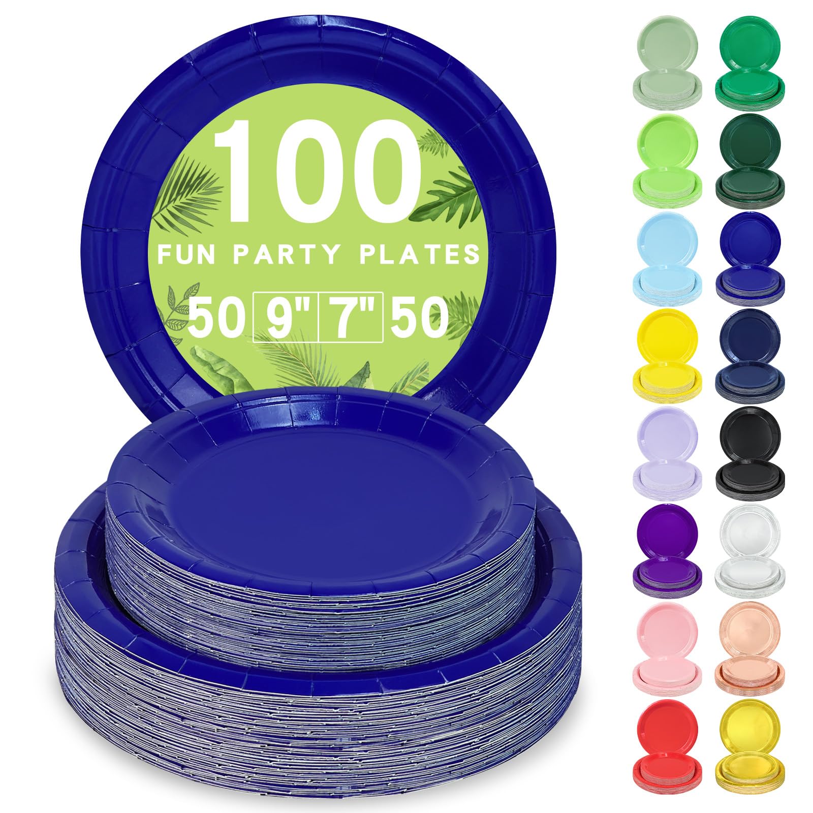 LANLISA 100 Royal Blue Paper Plates Set Includes 50-9 & 50-7 Disposable Dessert Cake Paper Plates For Party Supplies