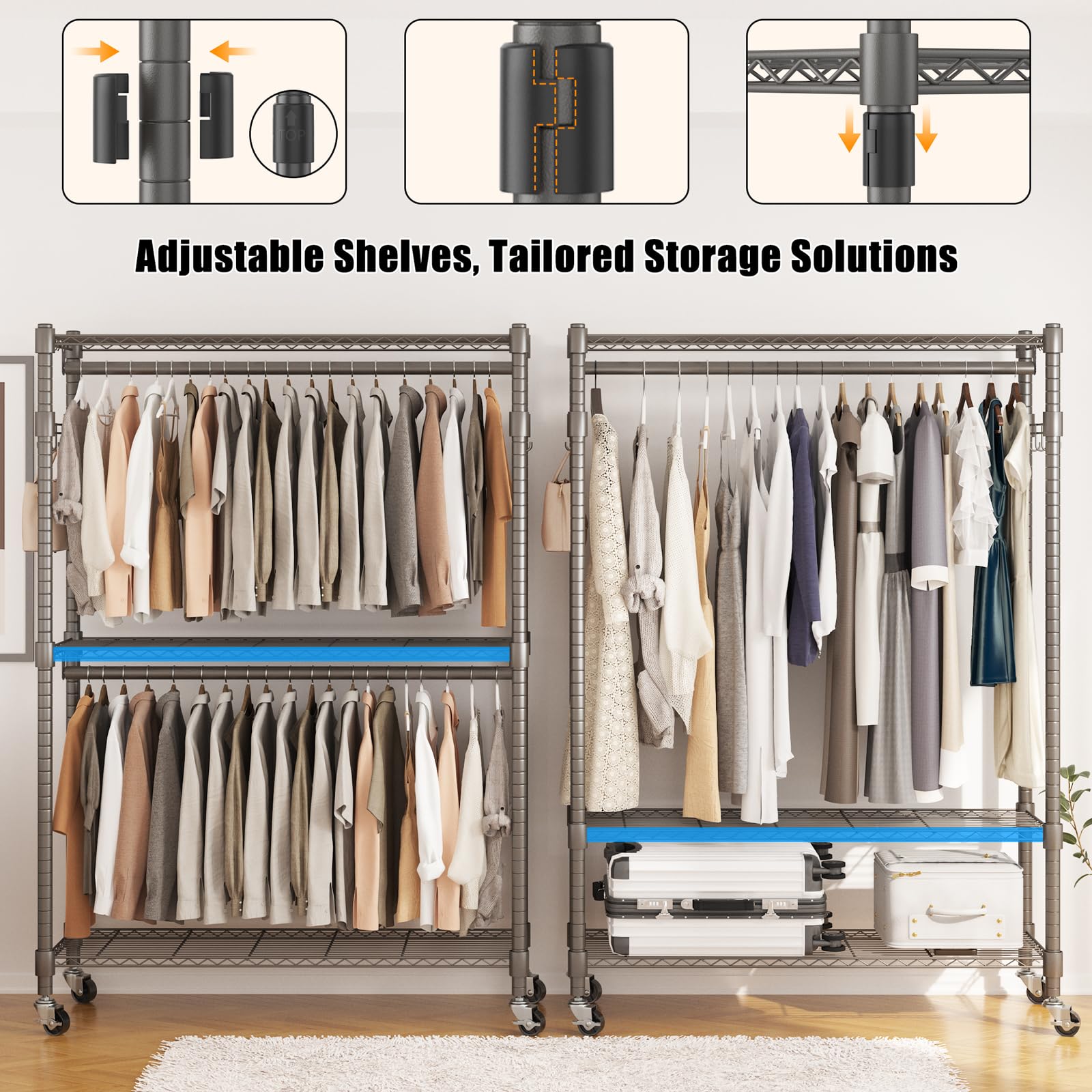 Bathwa Heavy Duty Garment Rack On Wheels, Rolling Clothes Racks For Hanging Clothes, Simple Sturdy Wardrobe Rack With Double Han