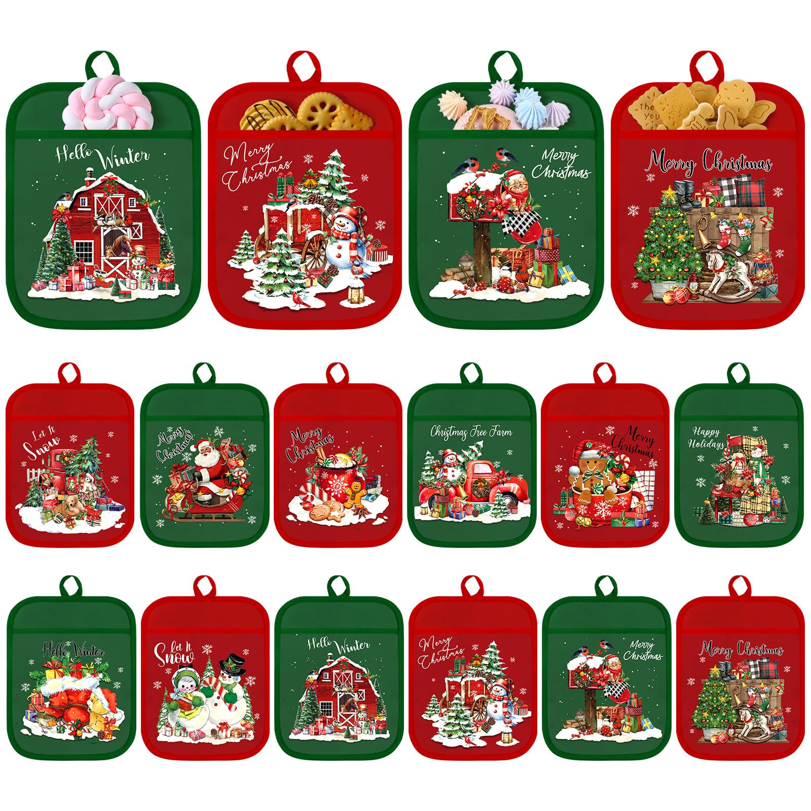 Jingmore 12 Pcs Christmas Pot Holders with Pocket Red Green Pot Holders for Kitchen Santa Claus Snowman Hot Pads and Oven Mitts 