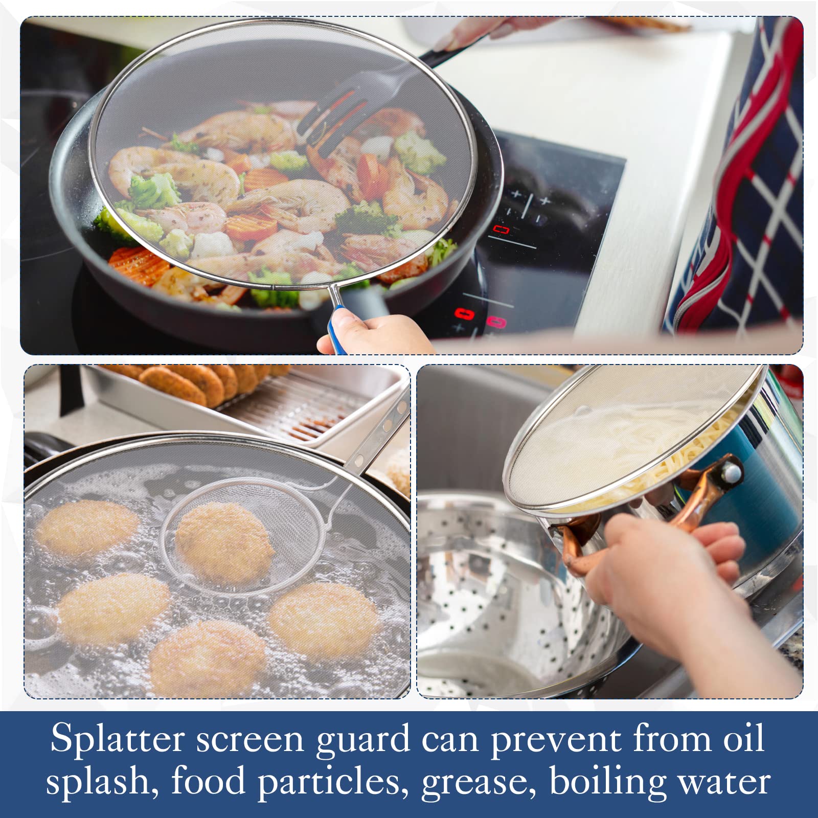 Larath 10 Inch Grease Splatter Screen Guard Stainless Steel Splash Screen Protector Guards With Handle Splash-Proof Frying Pan M