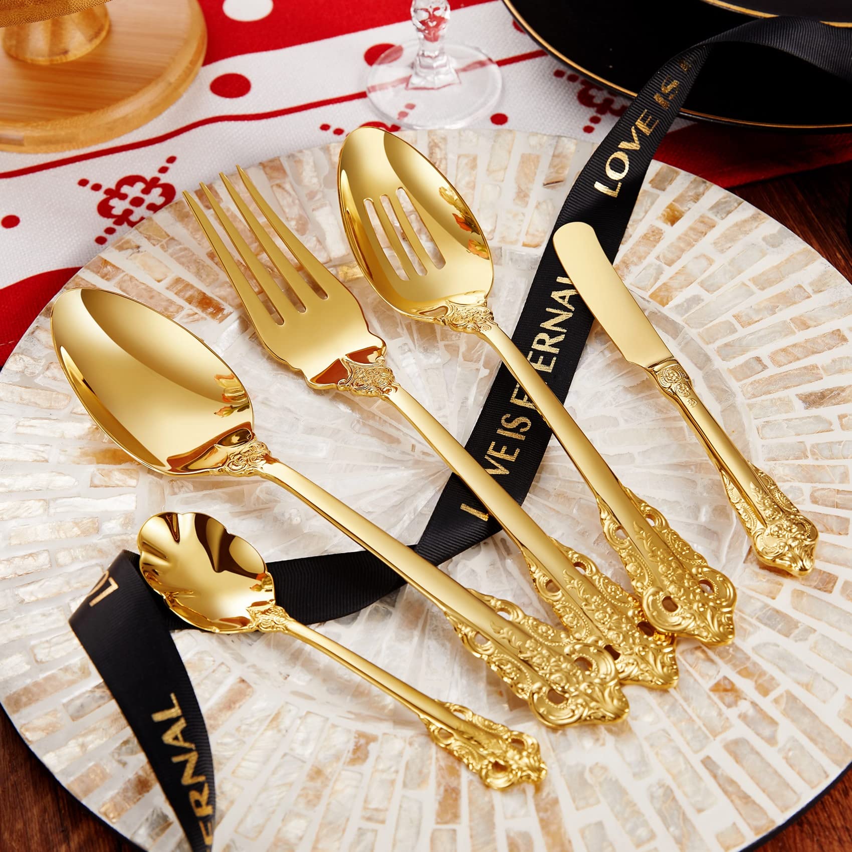Keawell Gorgeous 5-Piece 18/10 Stainless Steel Hostess Serving Utensil Set, Gold