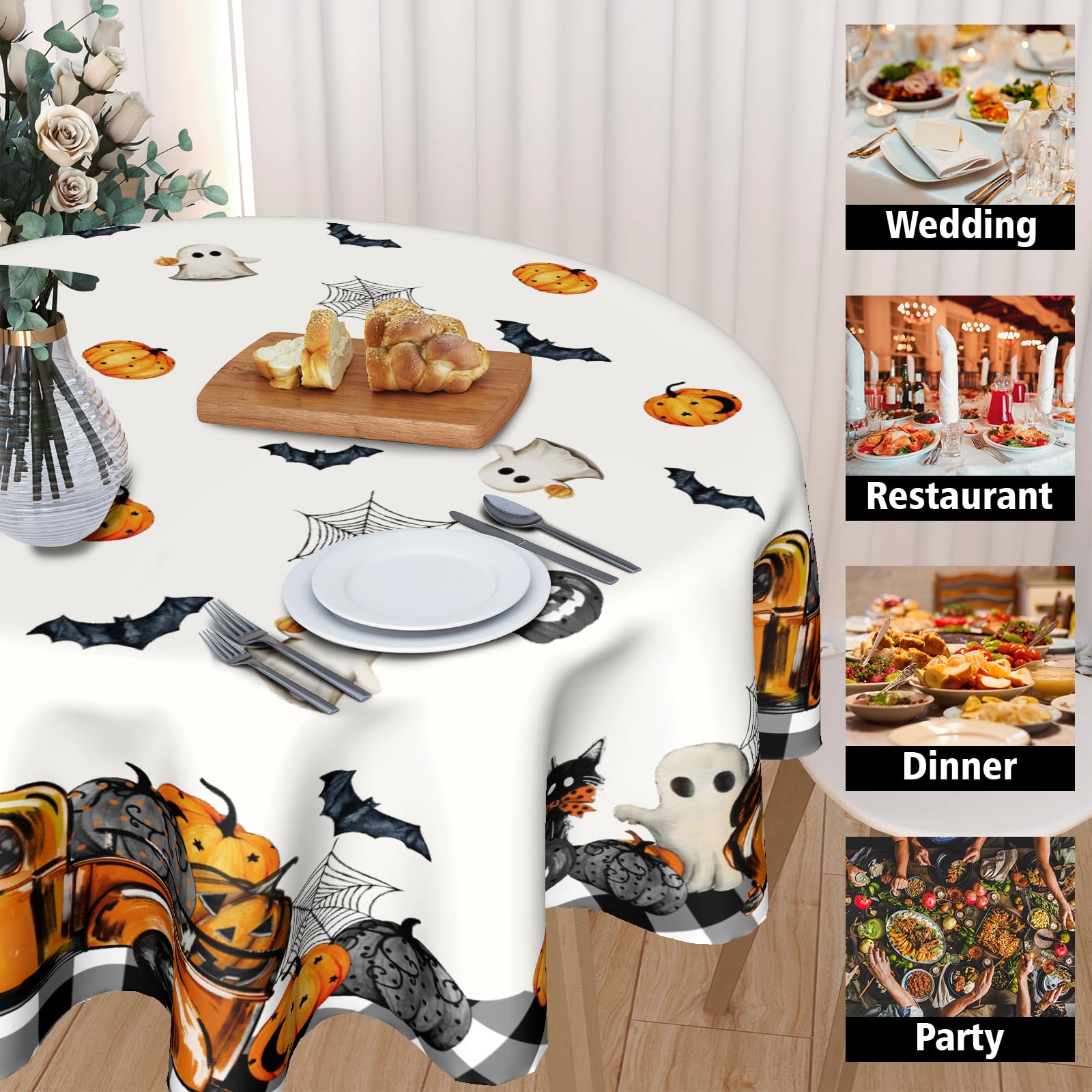 Kawani Halloween Tablecloths Round Halloween Truck Table Cloths 60 Inch Halloween Pumpkins Table Cloth Ghost Theme Spooky Tablec
