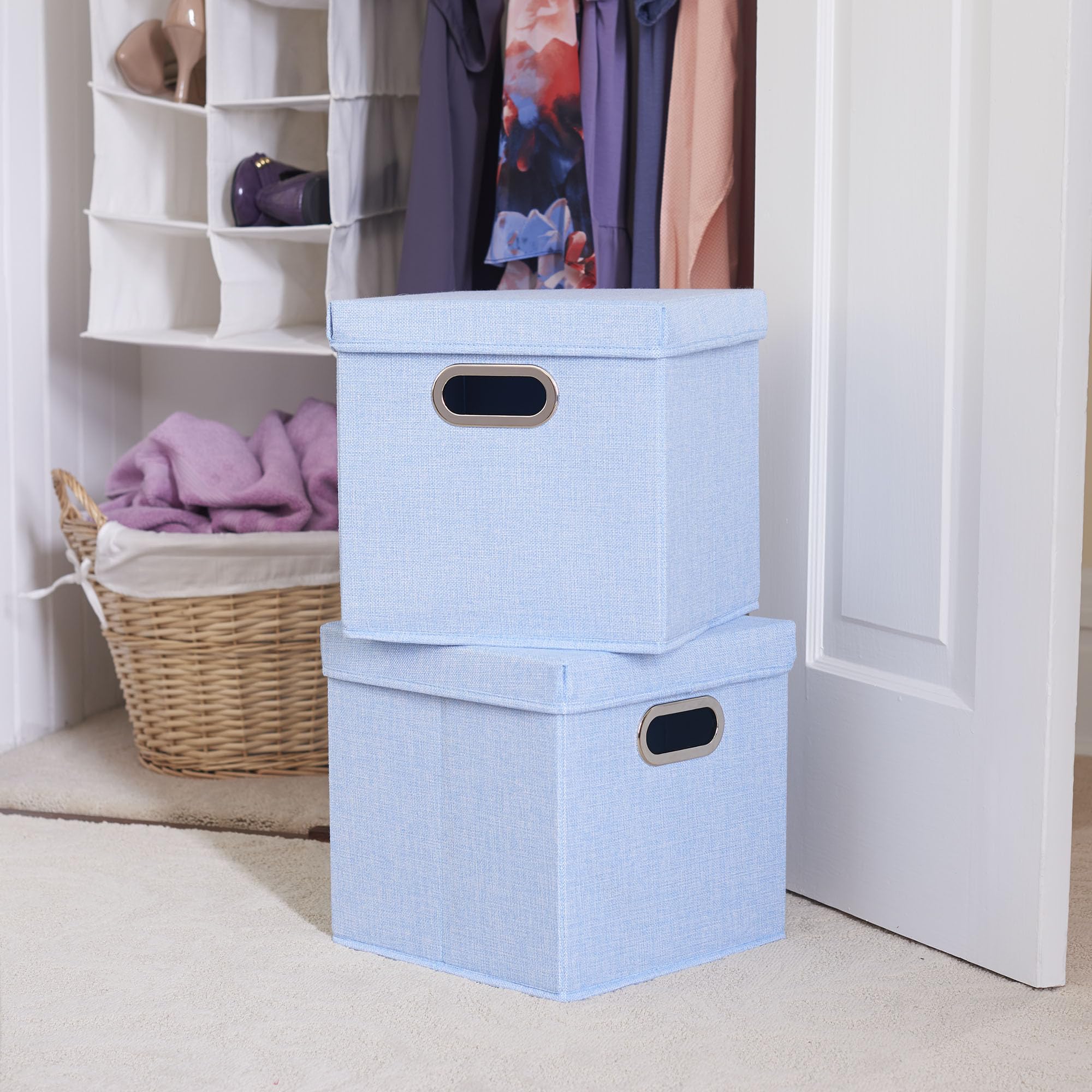 Household Essentials 816-1 Caf   Cube Bin Storage Set With Lids And Handles | 2 Pack, Baby Blue Linen