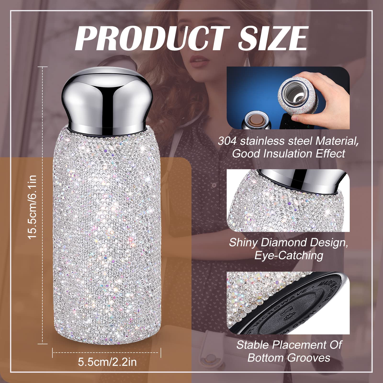 Vesici Rhinestone Water Bottle, Bling Diamond Water Bottle Christmas Gifts For Women Stainless Steel Thermal Bottle Refillable I