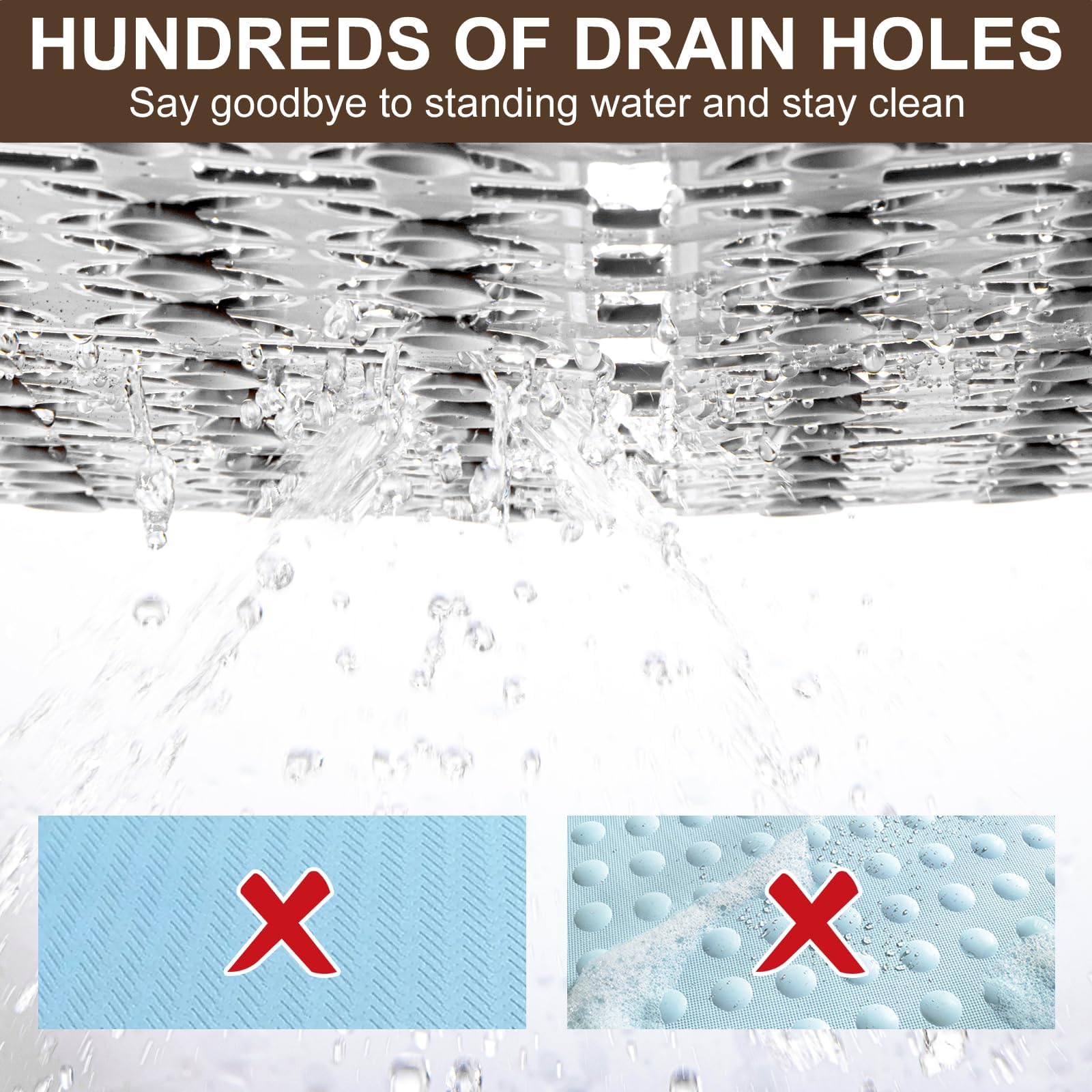 Shower Mat Non Slip,24''X24'' Bathtub Mat Non Slip Square Shower Mats For Inside Shower With Drain Holes Suction Cups, Quick Dra