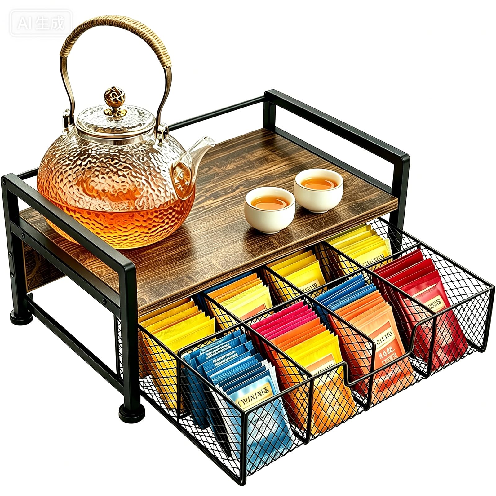 Tea Bag Organizer, Wooden Tea Box with Drawer and Top Tray, Rustic Brown