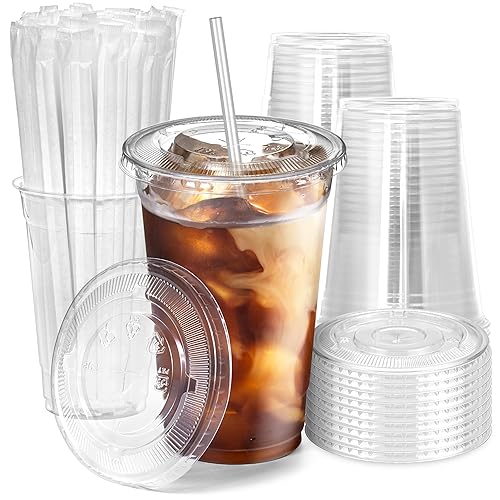 [100 Pack] 24 oz Clear Plastic Cups with Flat Lids and Clear Straws  Disposable Iced Coffee Cups  BPA Free Crystal Lemonade Cup for Party  Smoothie  Cold Drinks  Juice  Milkshake  Bubble Boba  Tea