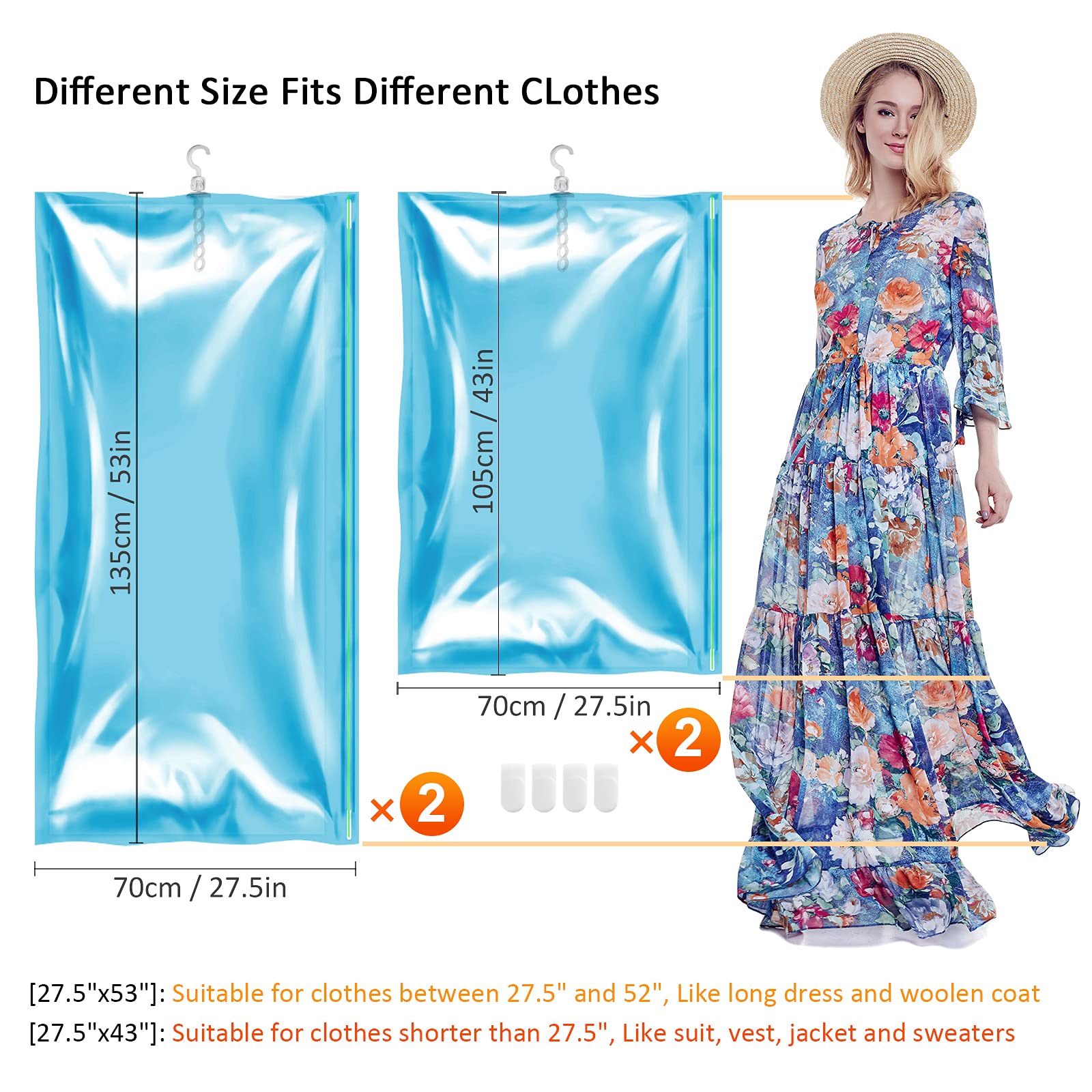 Taili Hanging Vacuum Storage Bags For Clothes, Space Saver Bags (2 Long, 2 Short), Blue Vacuum Sealer Bags 4 Pack, Closet Organi