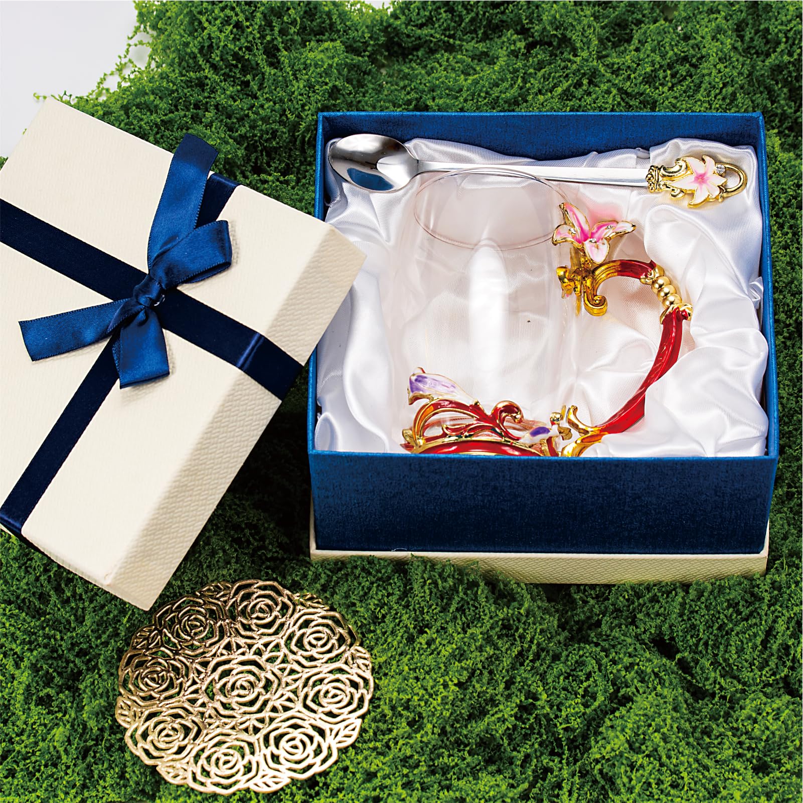 Flower Tea Cup, Lily Flower Clear Glass Fancy Coffee Mug with Spoon,Gift Box for Her Mom Wife Grandma Girls Friends Valentines C